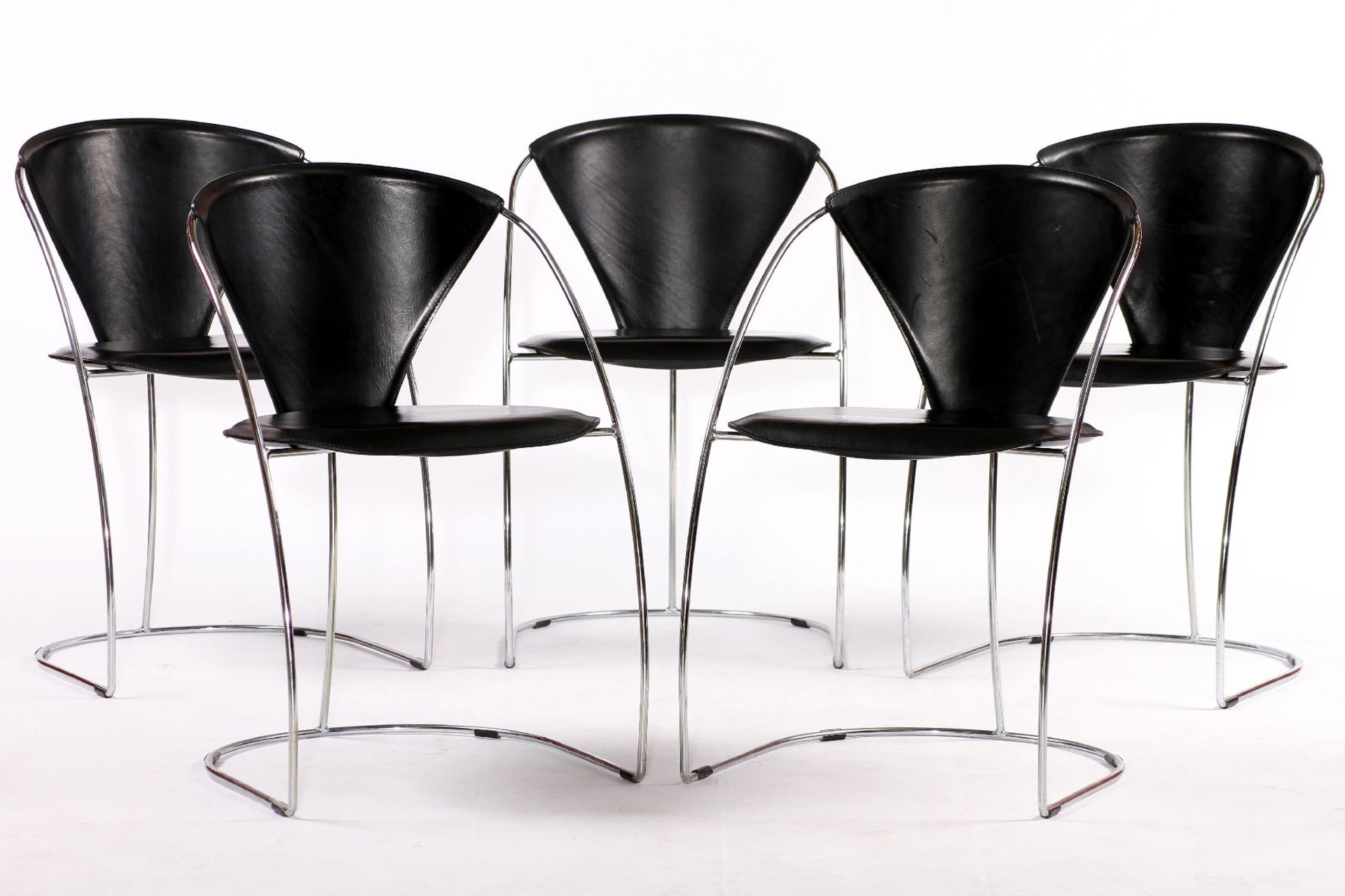 Set of 5 chair armchairs, "Arrben", Italy, 80s, frame made of chrome-plated round steel, seat and