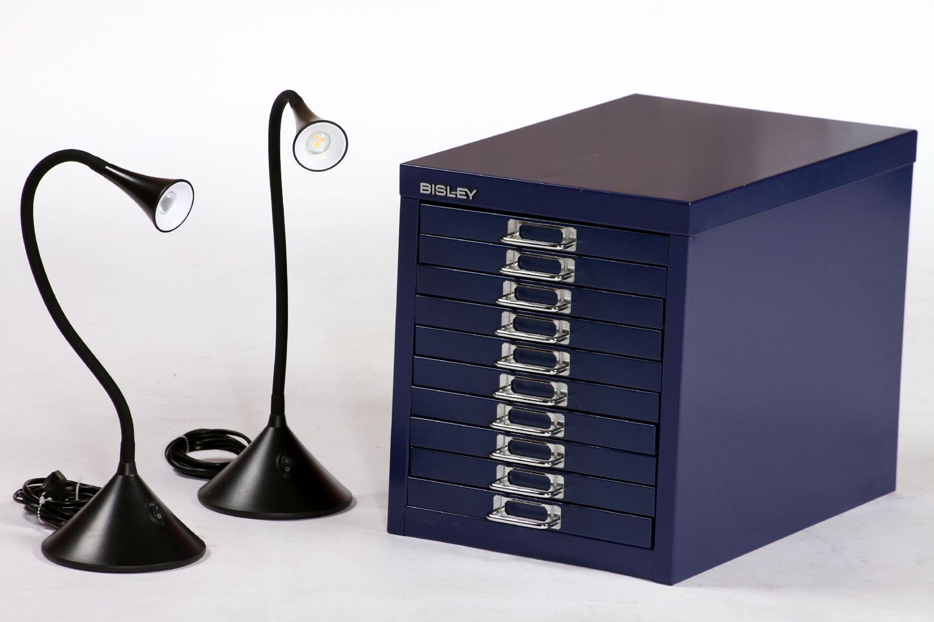 Small metal container, "Bisley", painted blue,10 drawers, partly traces of use, approx. 33x28x44