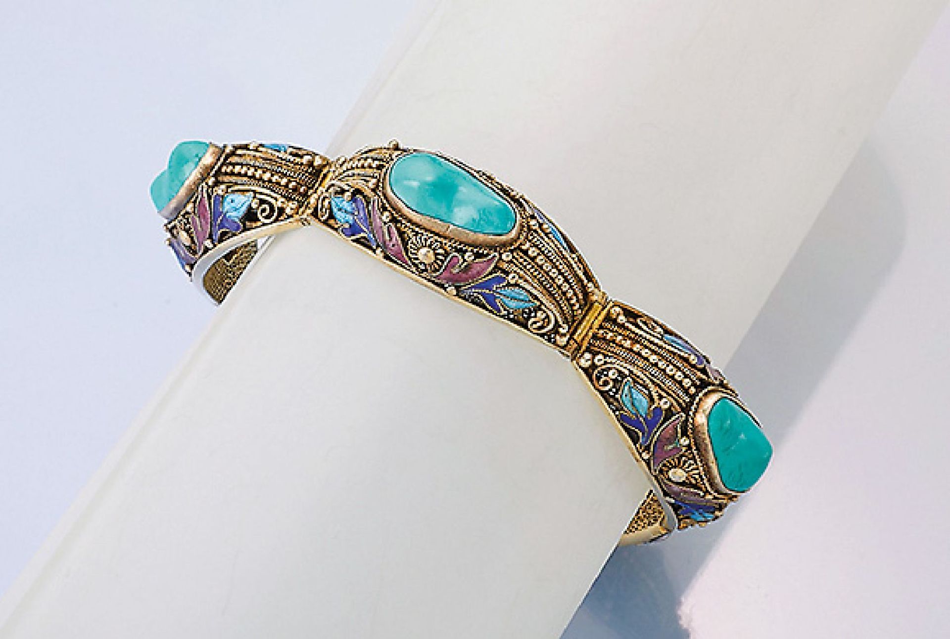 Bracelet with turquoises and enamel , China approx. 1960/70s, silver gilded, filigree work, colorful