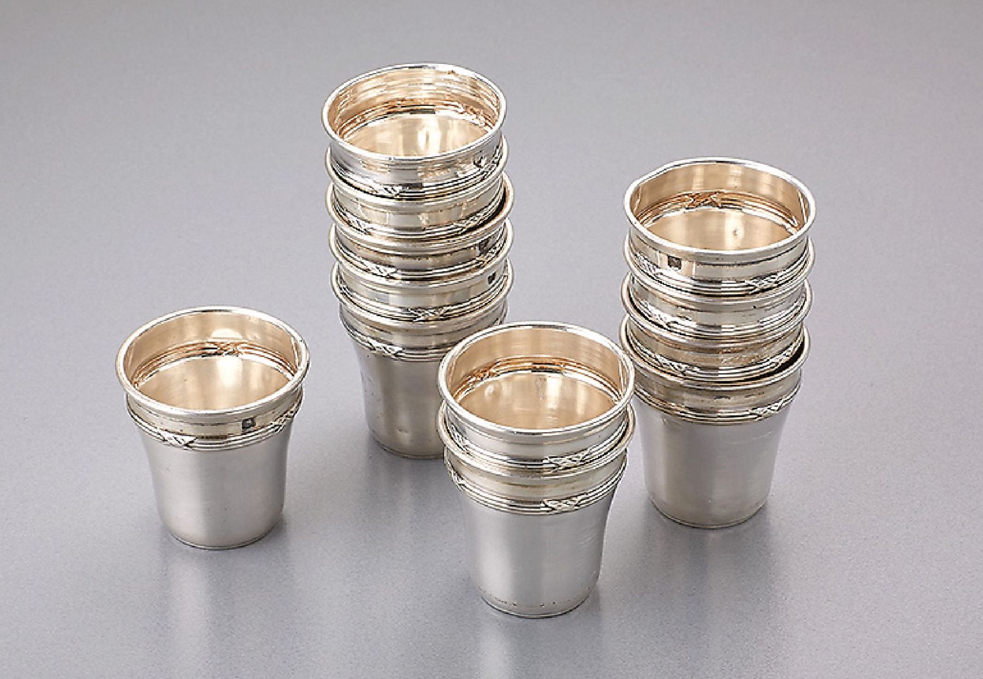 12 schnapps beaker, France approx. 1900, 800 silver , manufacturer's brand Coignet, crossborder