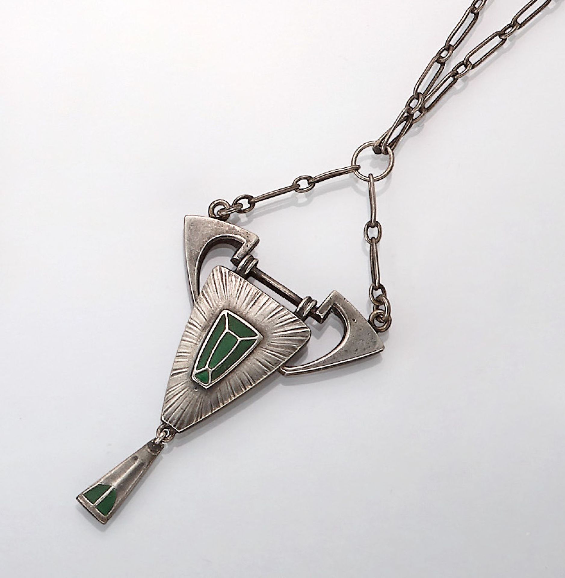 Art Nouveau necklace, german approx. 1904 , silver 900, movable, partly green enameled, abstract,