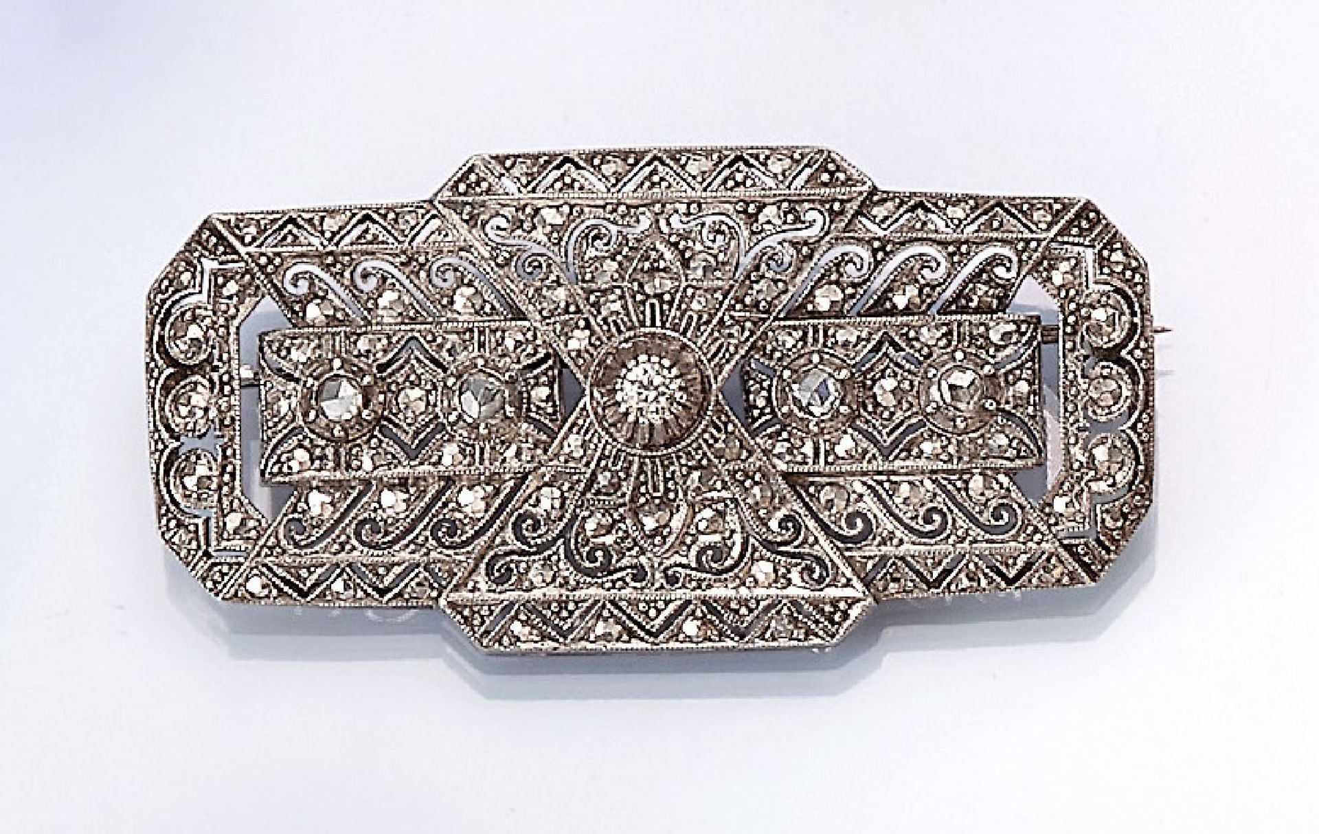 Art-Deco brooch with diamonds , approx. 1920s, silver 925, 1 diamond and 4 diamond roses total