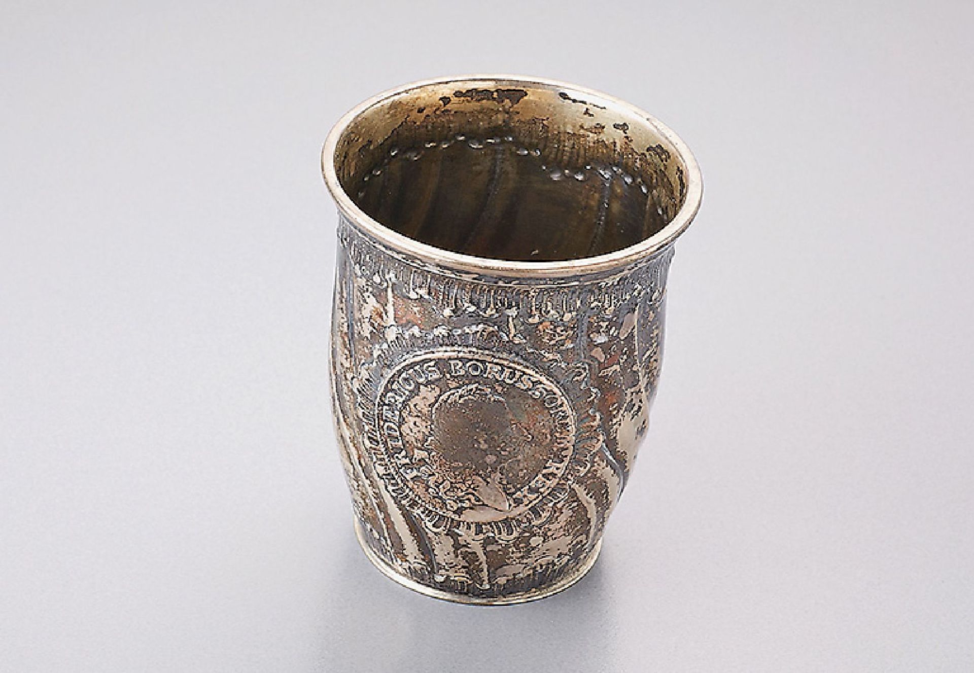 Coin beaker, 800 silver , distributor Elimeyer, baroque style, gadrooned, coin inlayFriedrich the