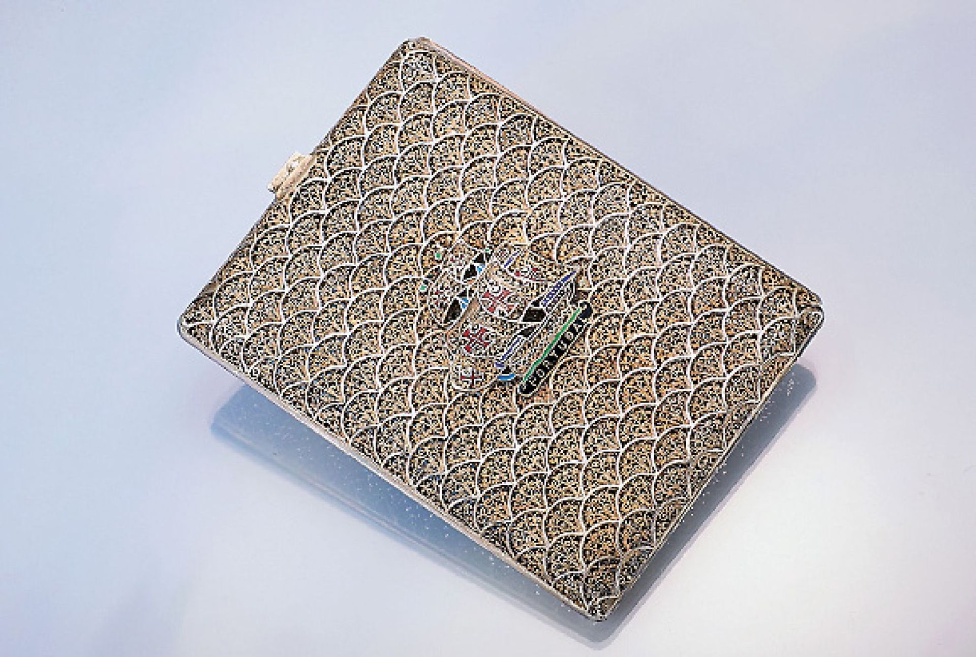 Cigarette case with enamel , Portugal approx. 1920/30s, filigree work, front and backside centered