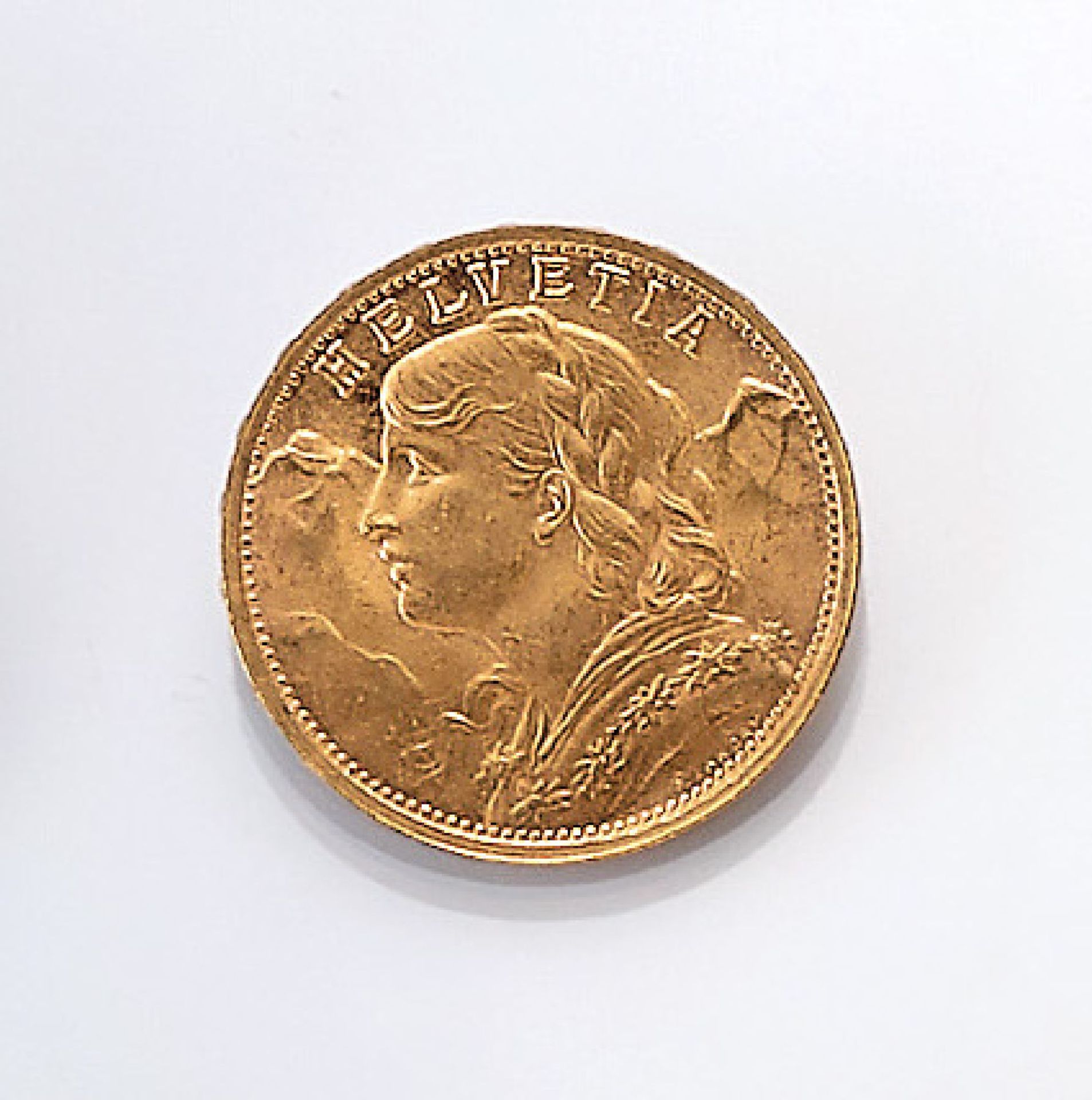 Gold coin, 20 Swiss Francs , Switzerland, 1935, so-called Vreneli, Helvetia, impressed mark