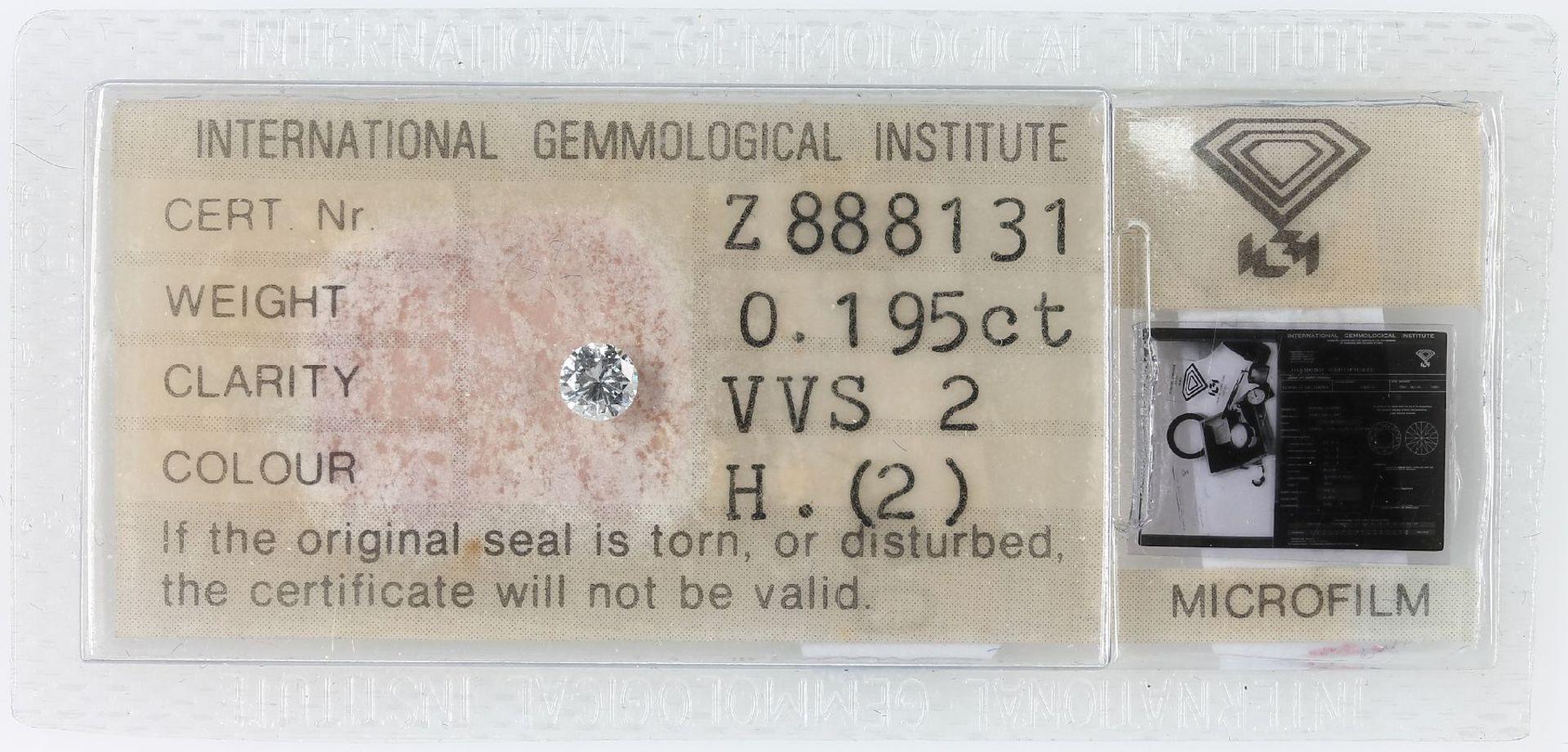 Loose brilliant , approx. 0.195 ct, Wesselton/vvs 2, with IGI-certificate, sealedLoser Brillant, ca.