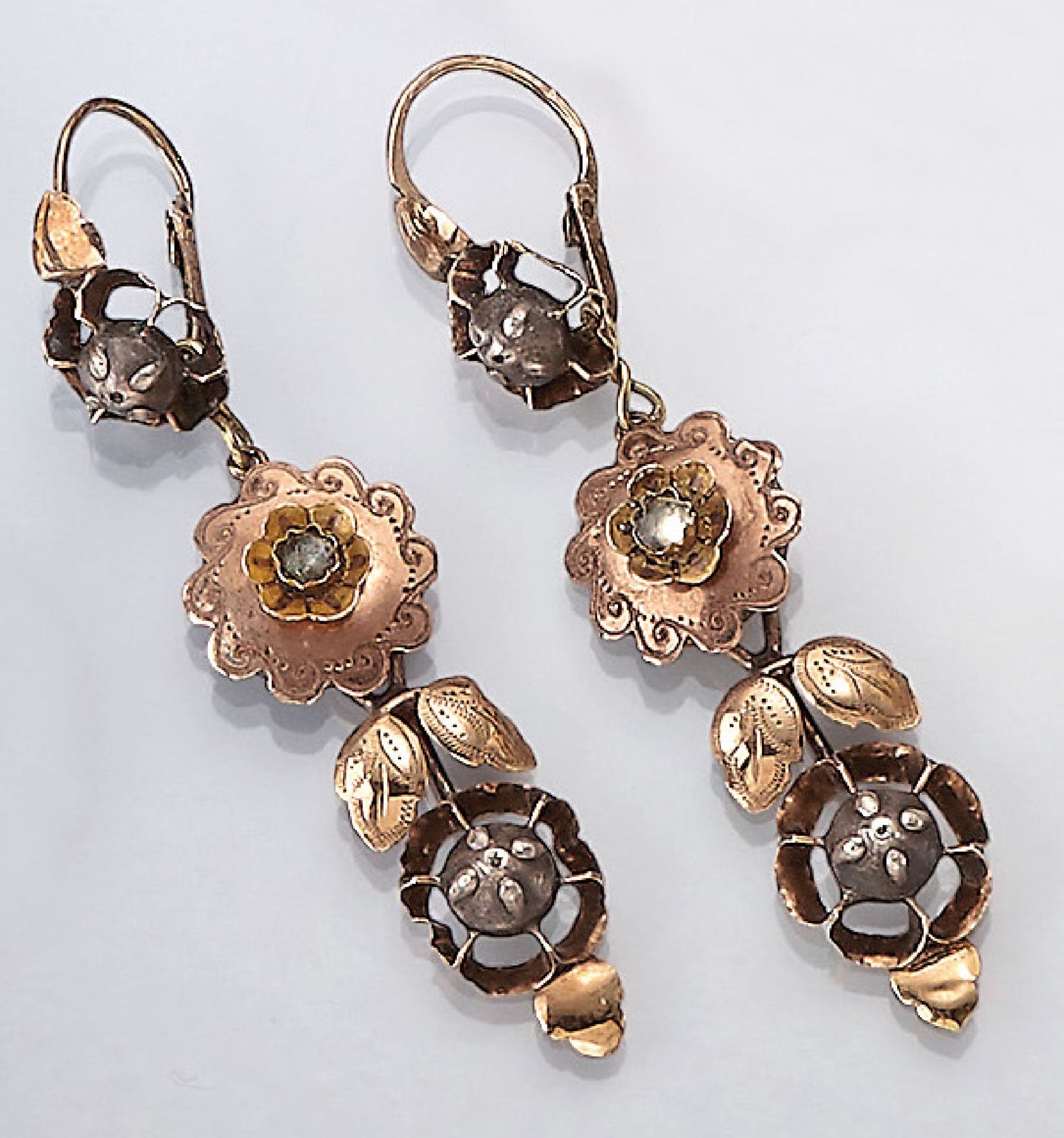 Pair of earrings, approx. 1860s , older parts from 1820-1840, YG 585/000 and YG 333/000 and