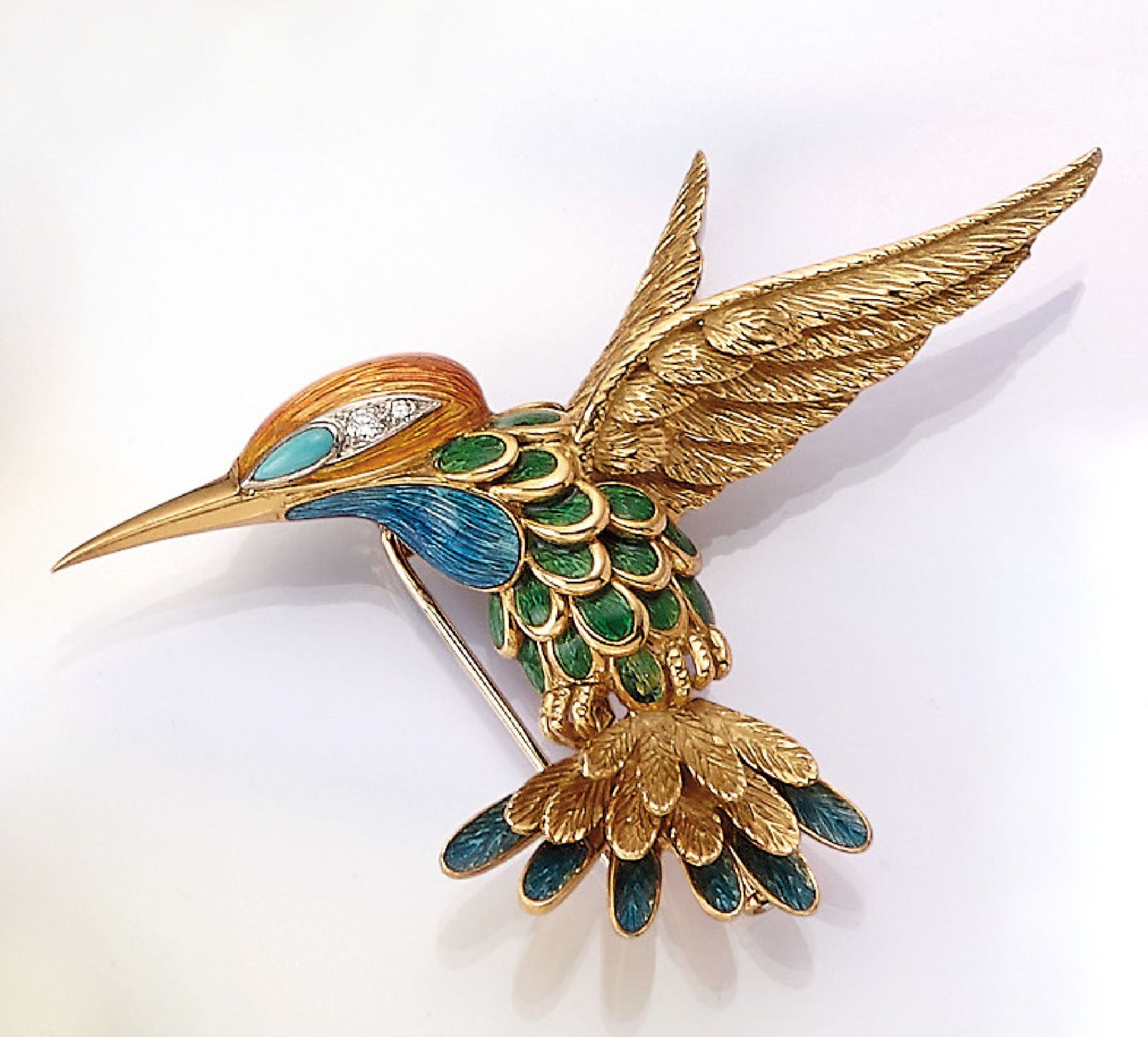 18 kt gold WEYERSBERG brooch "Hummingbird" with enamel, brilliant and turquoise , YG 750/000,