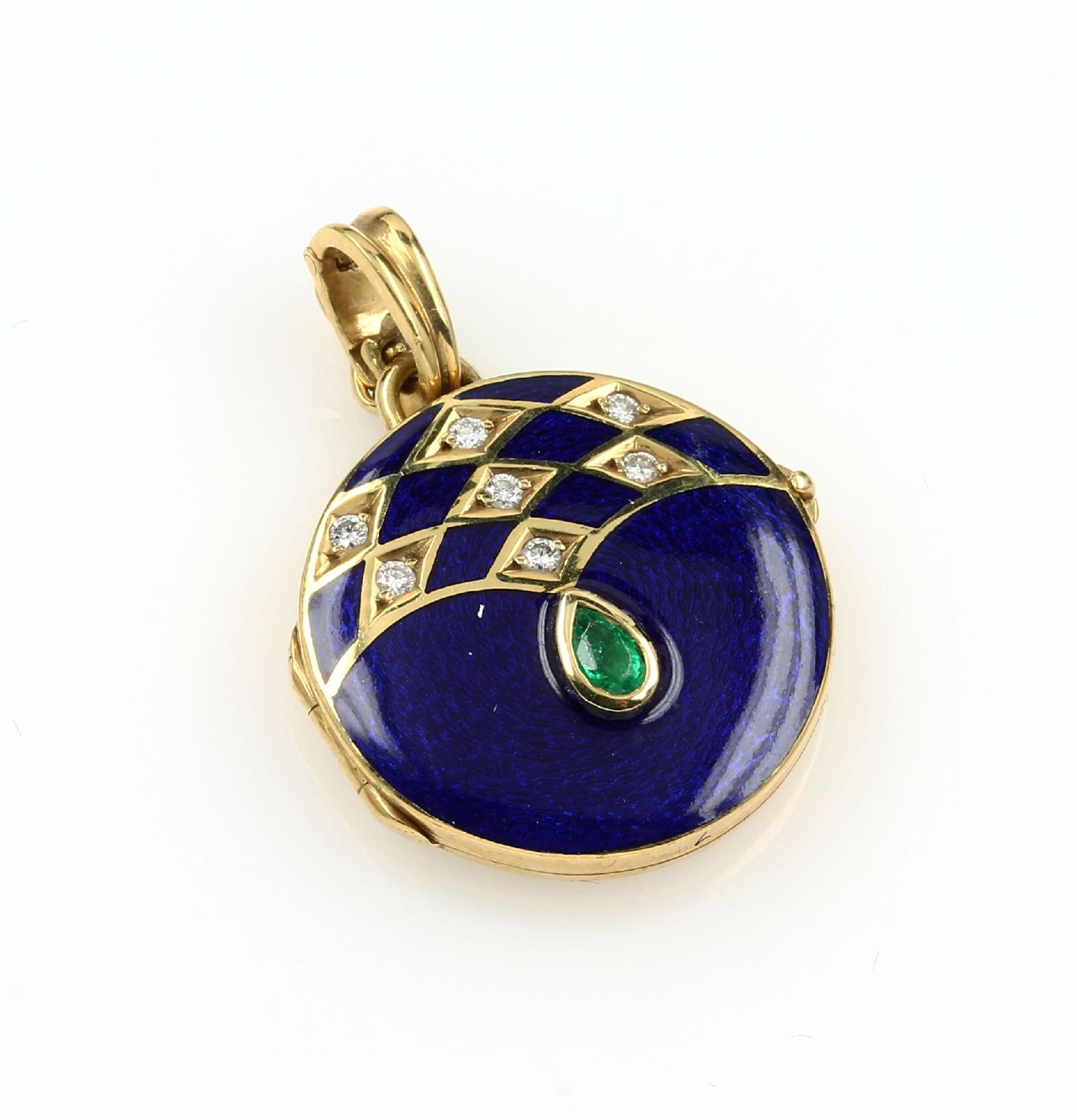 18 kt gold locketpendant with emerald and brilliants , VICTOR MAYER, YG 750/000, royalblue enameled,