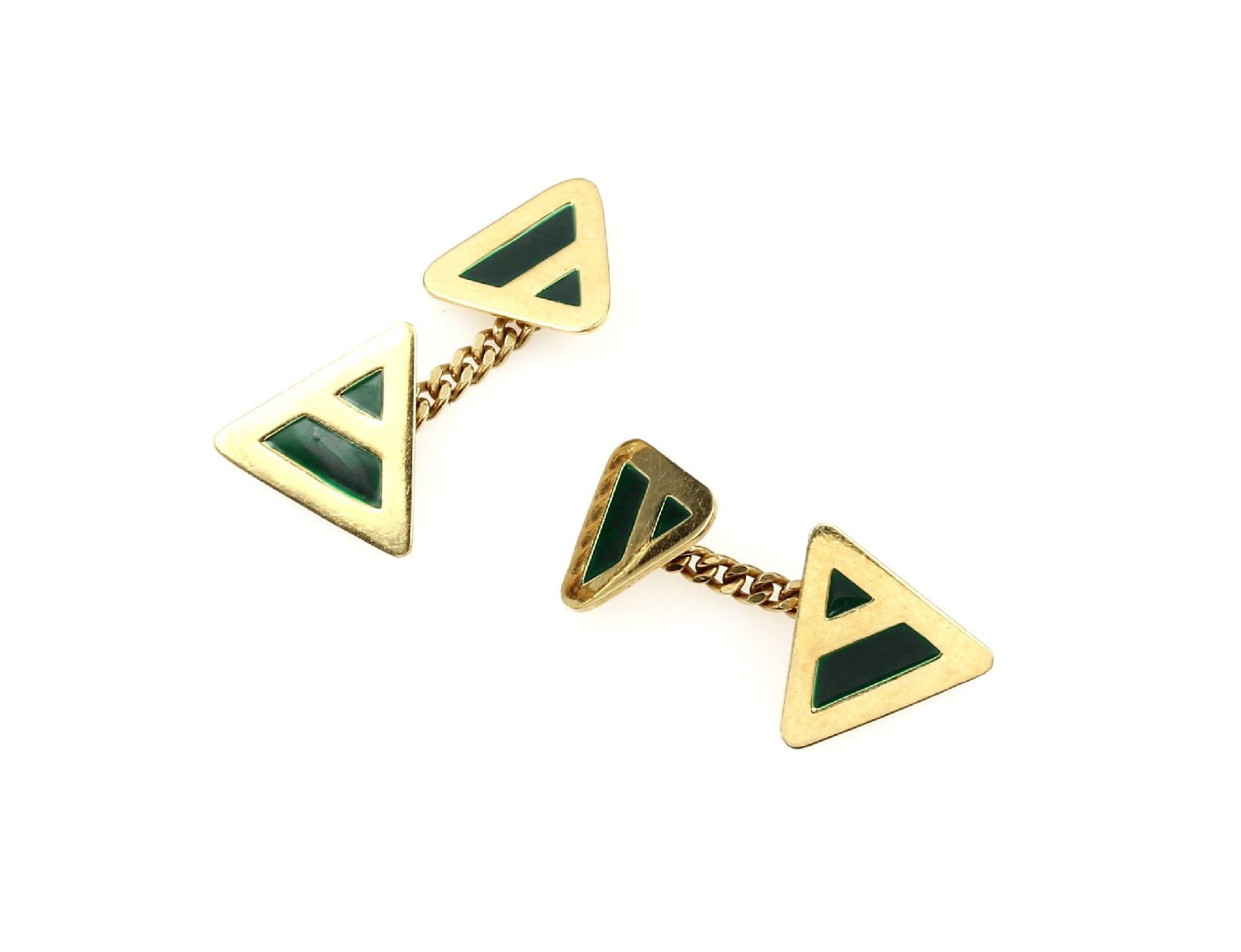 Pair of 18 kt gold cufflinks with enamel , YG 750/000, signed MANFREDI, triangle shape, green