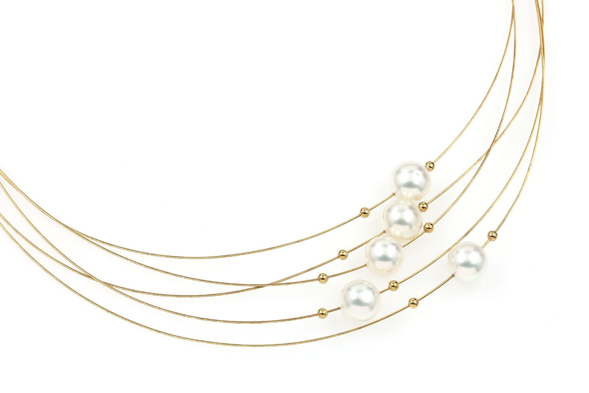5-rowed 18 kt gold necklace with south seas pearls, YG 750/000, 5 white cultured south seas pearls