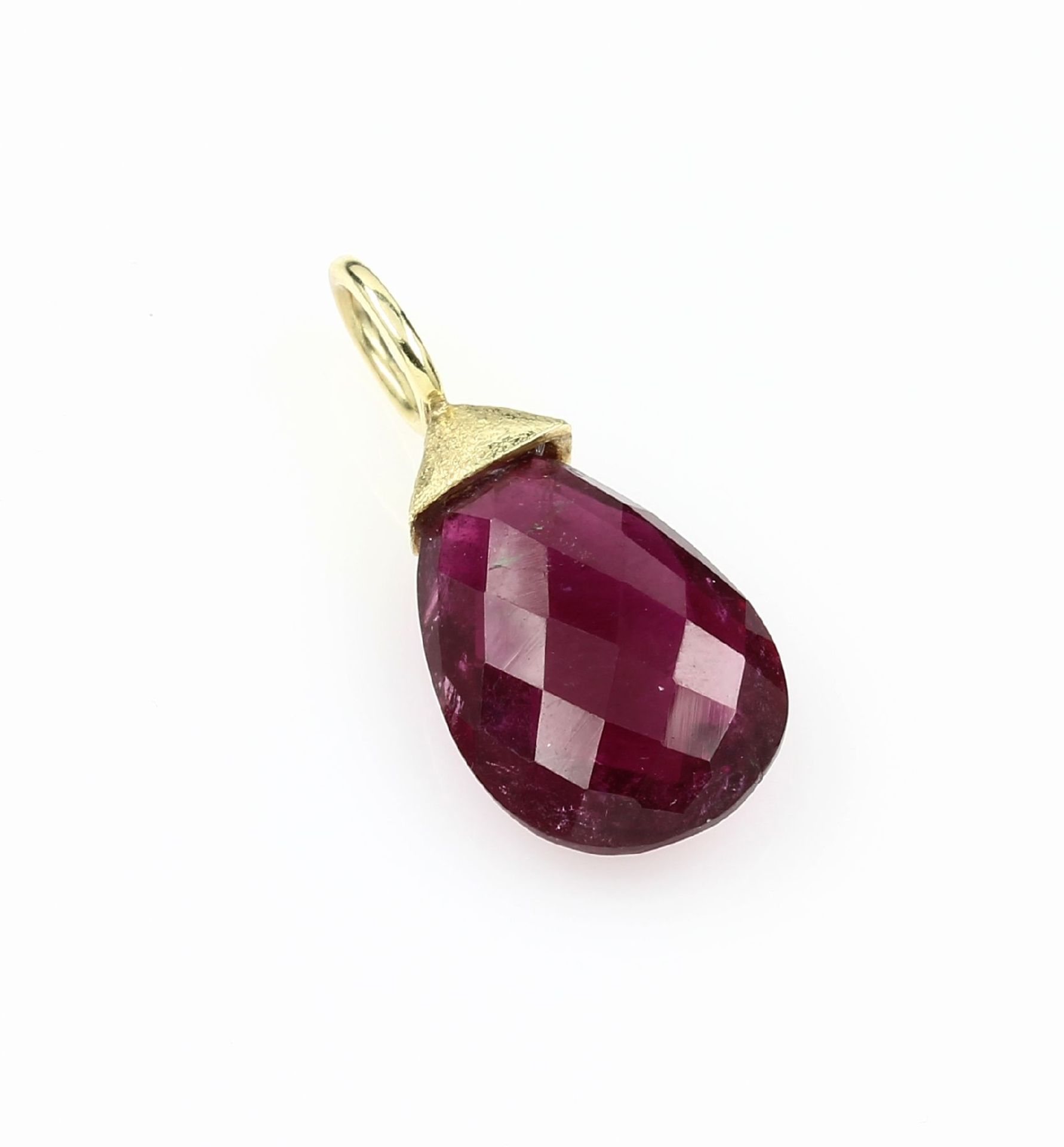 14 kt gold pendant with tourmaline , YG 585/000, all around bevelled rubellite-pear approx. 20.0 ct,