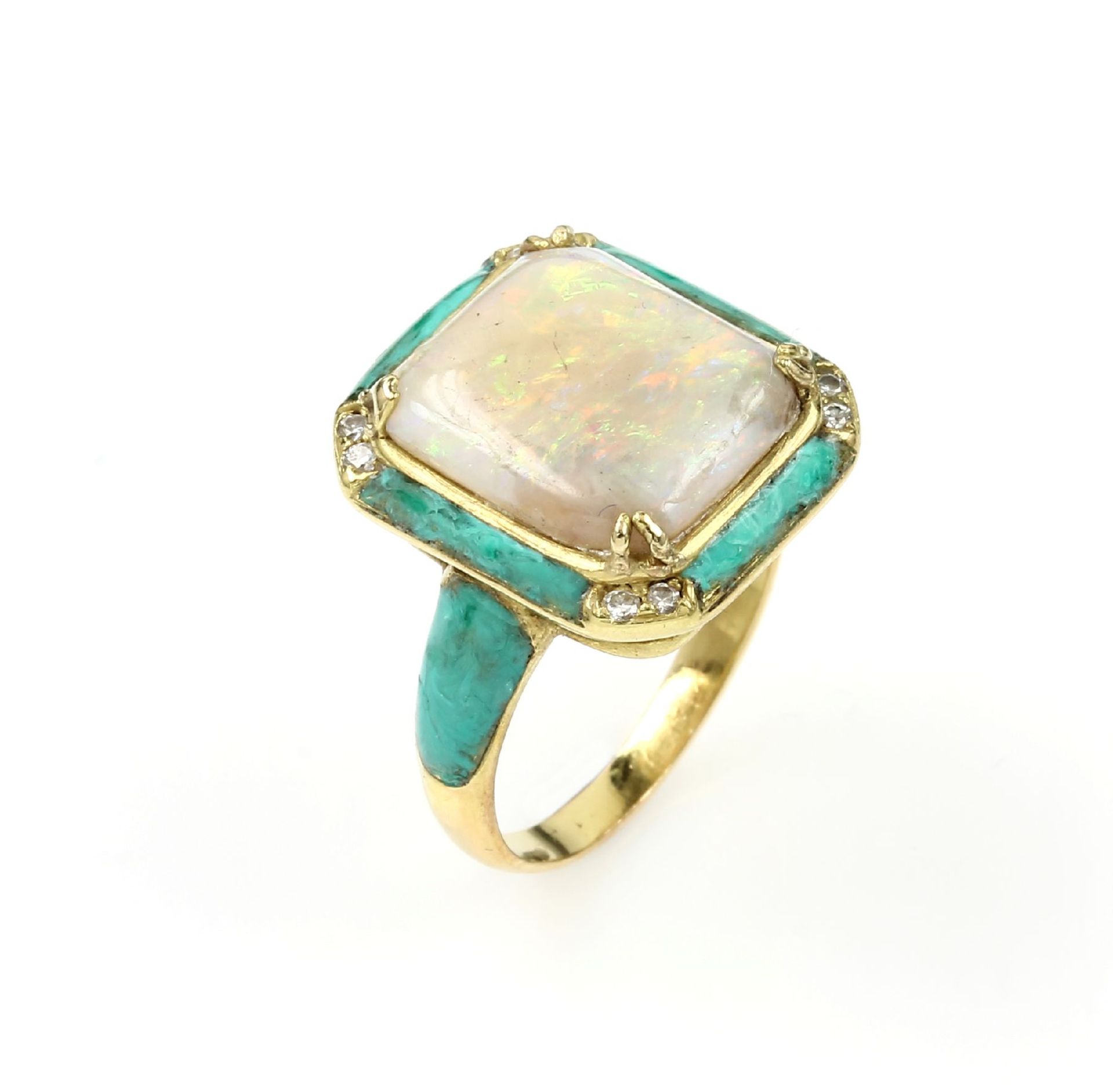 18 kt gold ring OTTO KLEIN with opal , enamel and brilliants, YG 750/000, rectangularopalcabochon