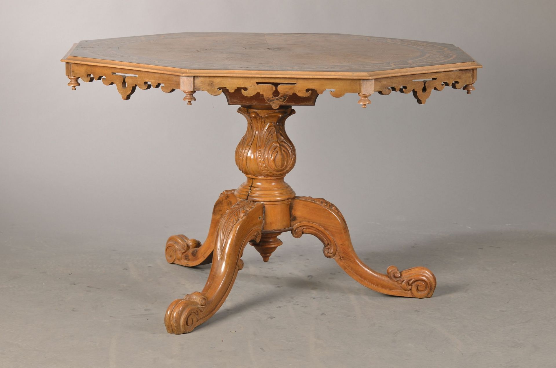 coffee table, probably Darmstadt, around 1880, walnut massive, elm tree veneer and maple veneer ,