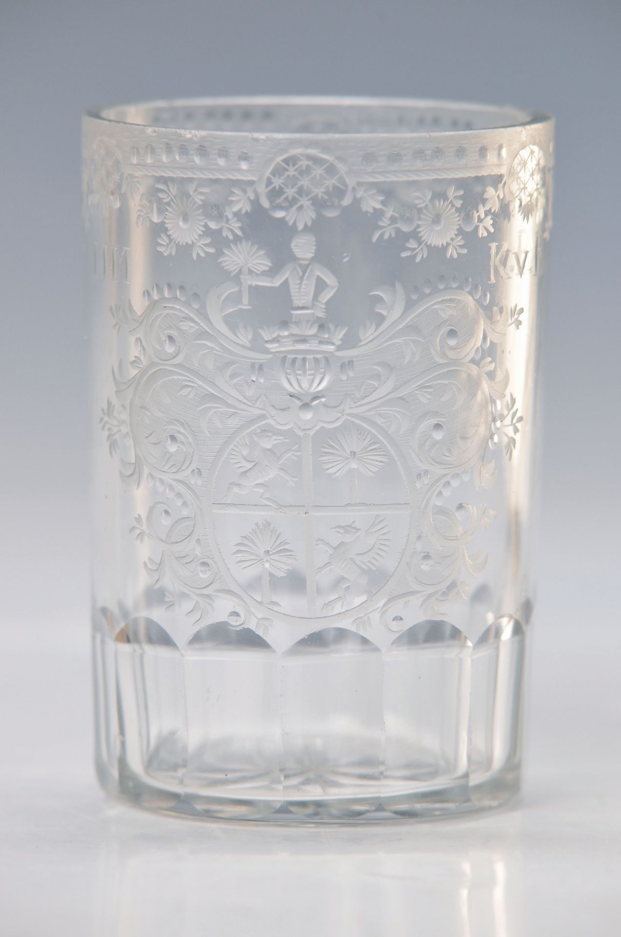 beaker, Warmbrunn around 1760-70, colorless glass, with elaborately cut coat of arm décor with two