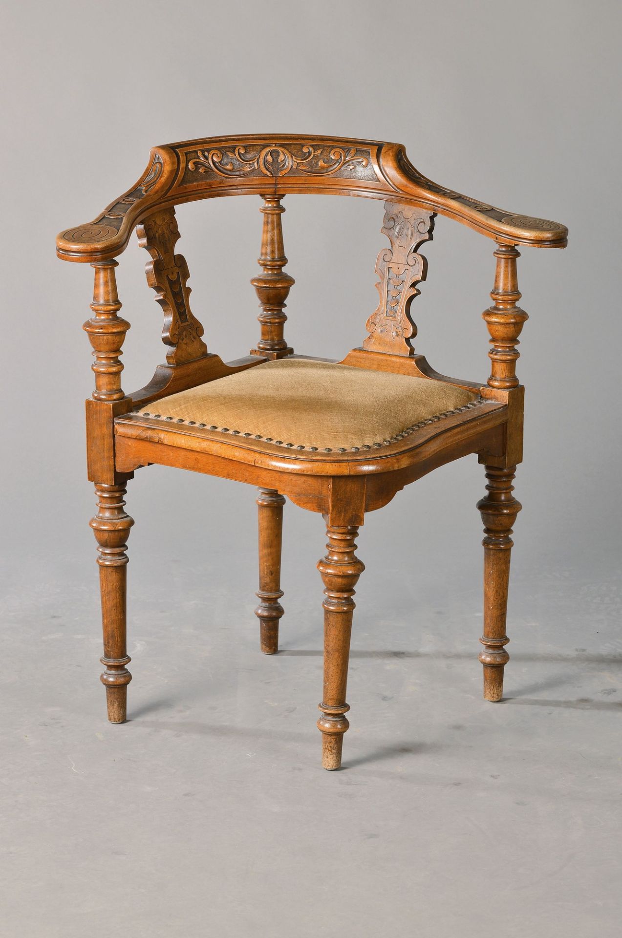 corner chair, Southern Germany, around 1880, Walnut carved and turned, cover sec., H. approx.