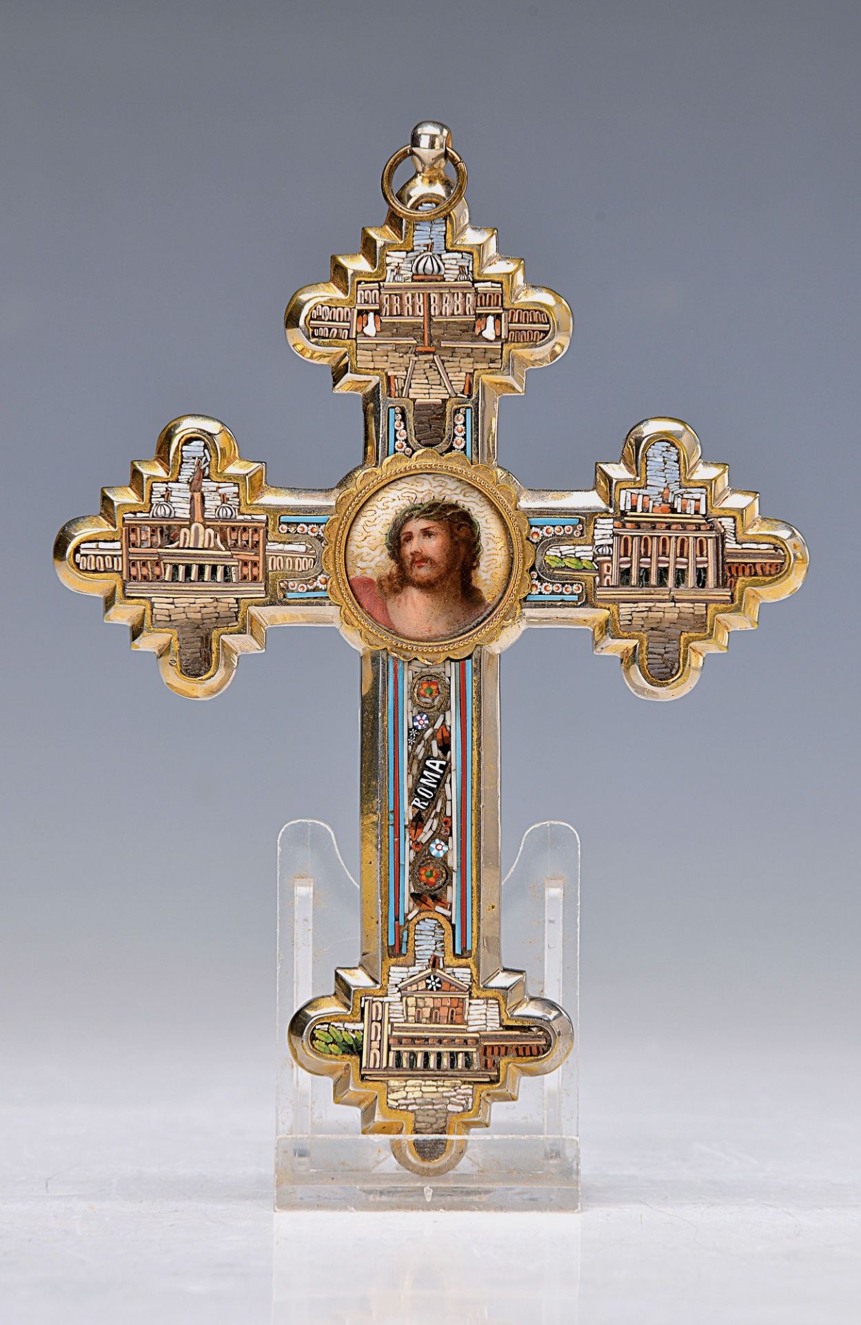 Pilgrims cross, Rome, around 1870, brass with mosaic inlets, in the center Christ with the crown