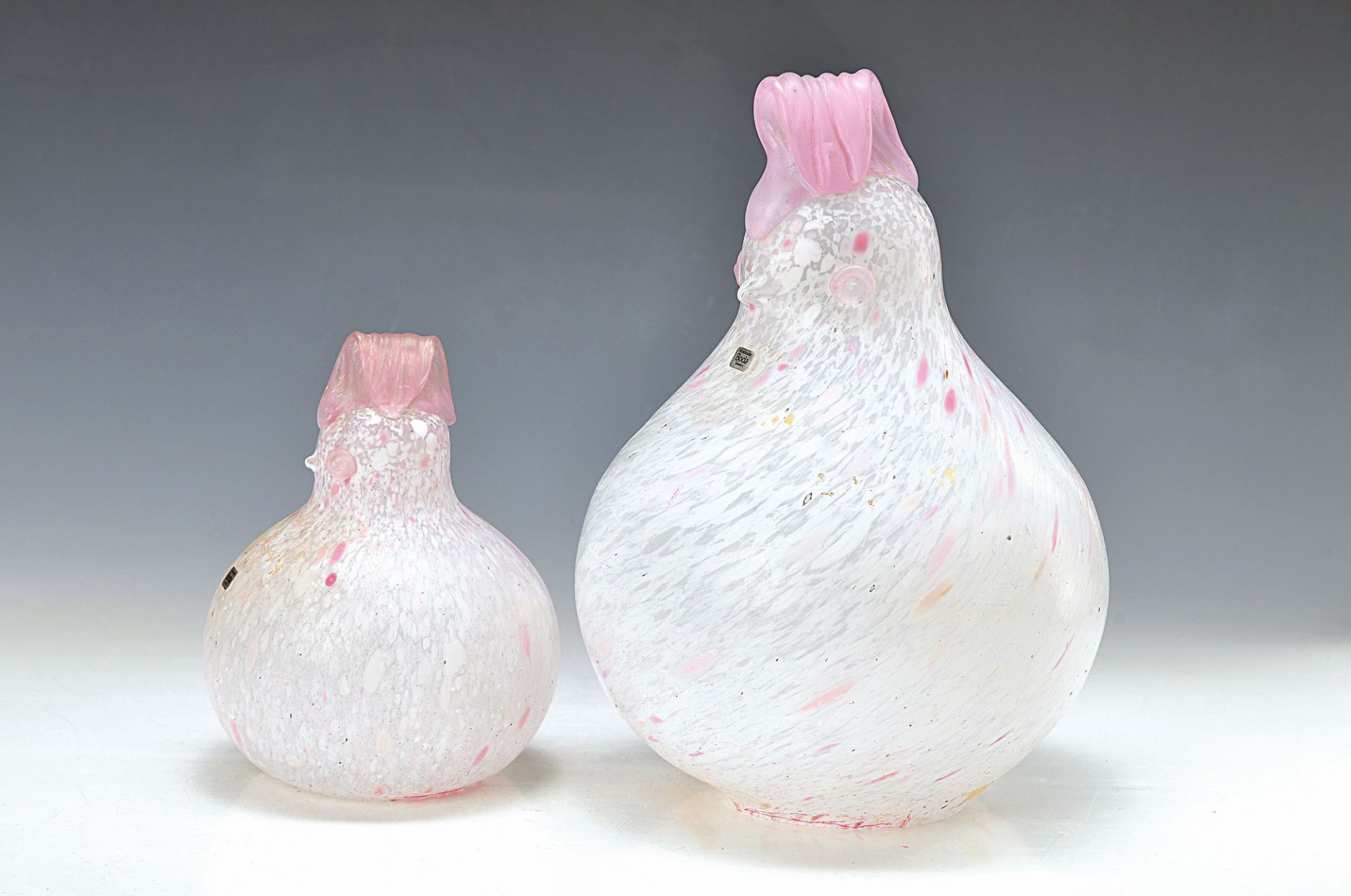 hen and chicks, Kosta Boda Sweden, Monika Backström (1939-2020), colorless glass with white and rose