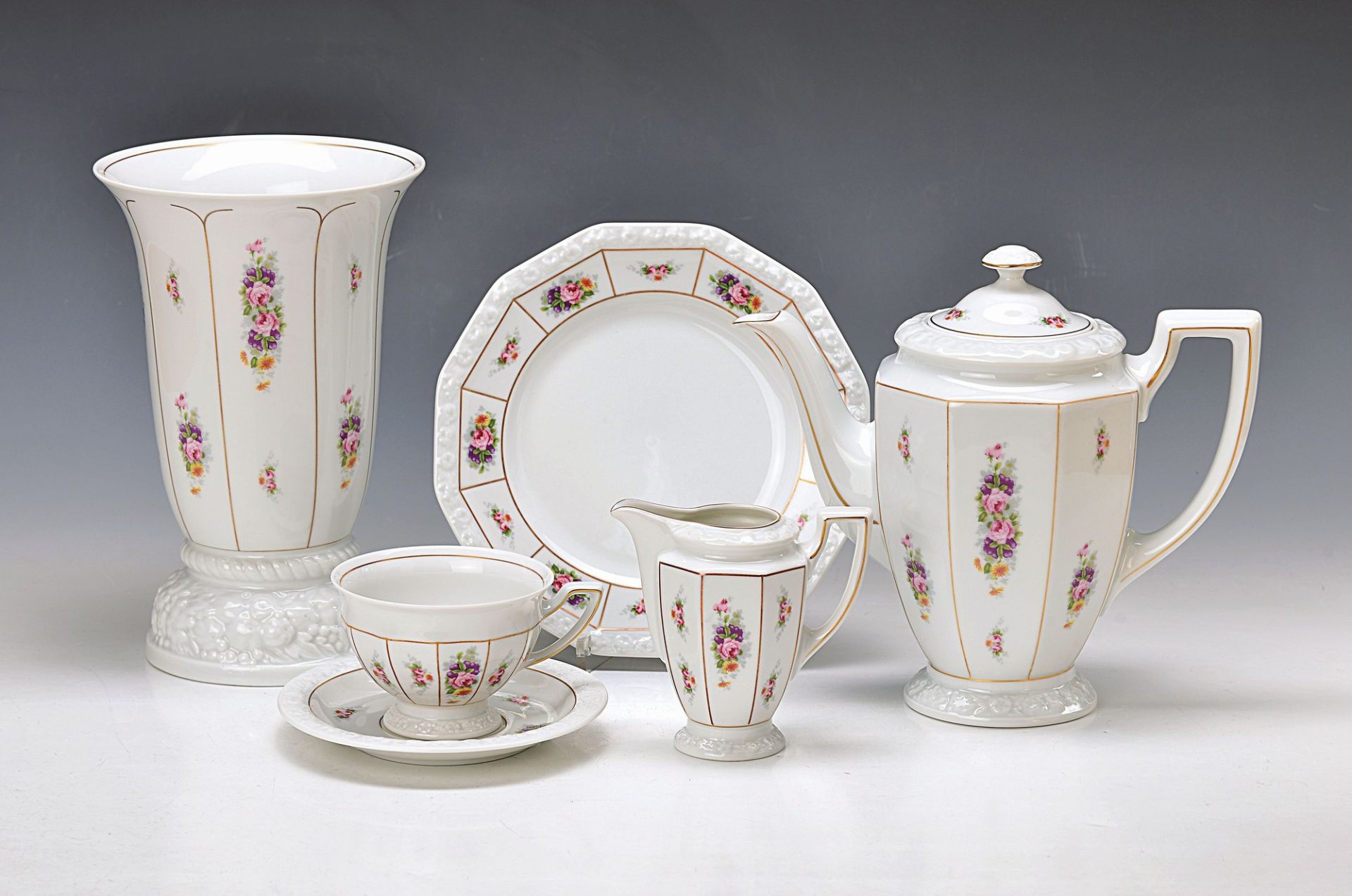 coffee set for 11 people, Rosenthal, classic rose, model Maria with colorful flower bouquets and