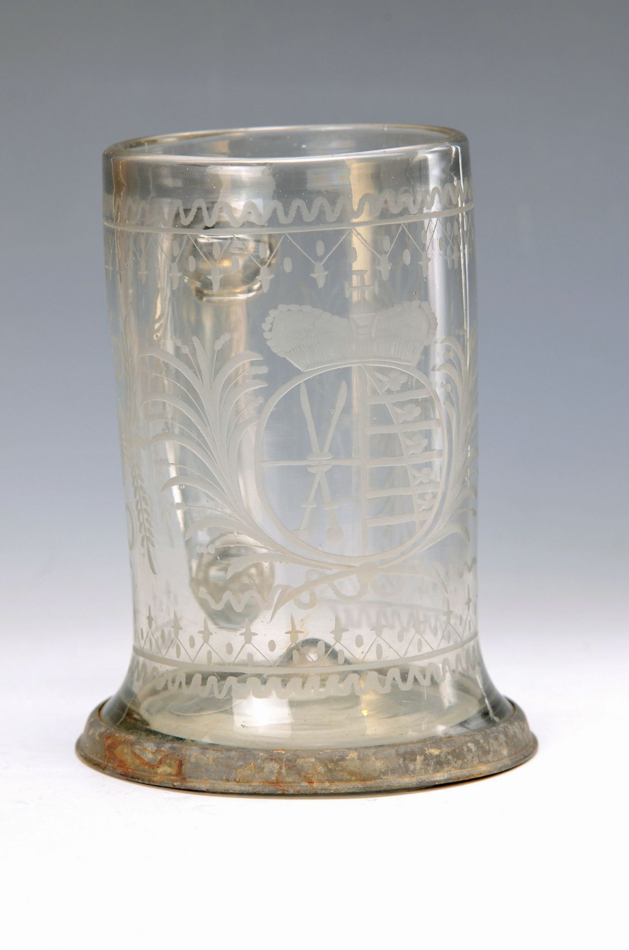 stein, Saxonia, around 1770, colorless glass, with cut decor, Front with coat of arm décor,