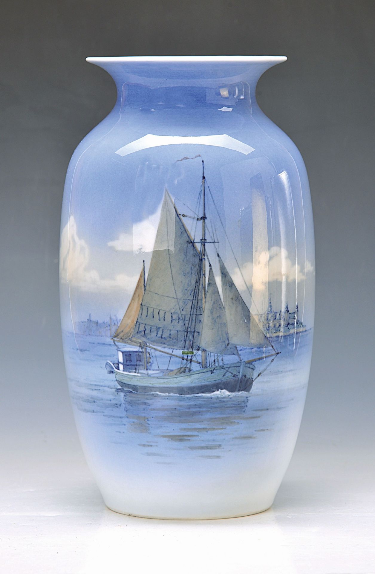 large vase, Royal Copenhagen, Denmark, 1944, porcelain, harbour scene with ship, polychromepainting,