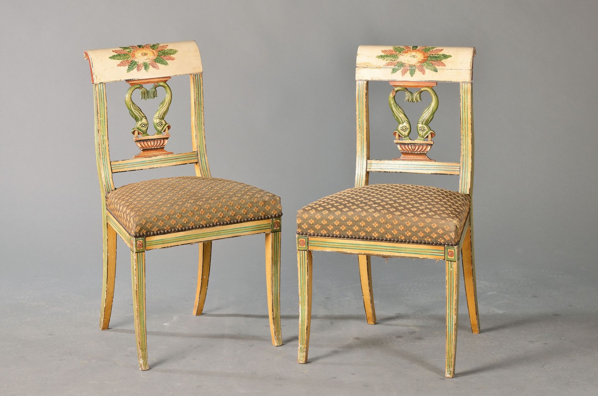 Six chairs, Biedermeier style around 1920, spine with dolphins, colorful painted, traces of age