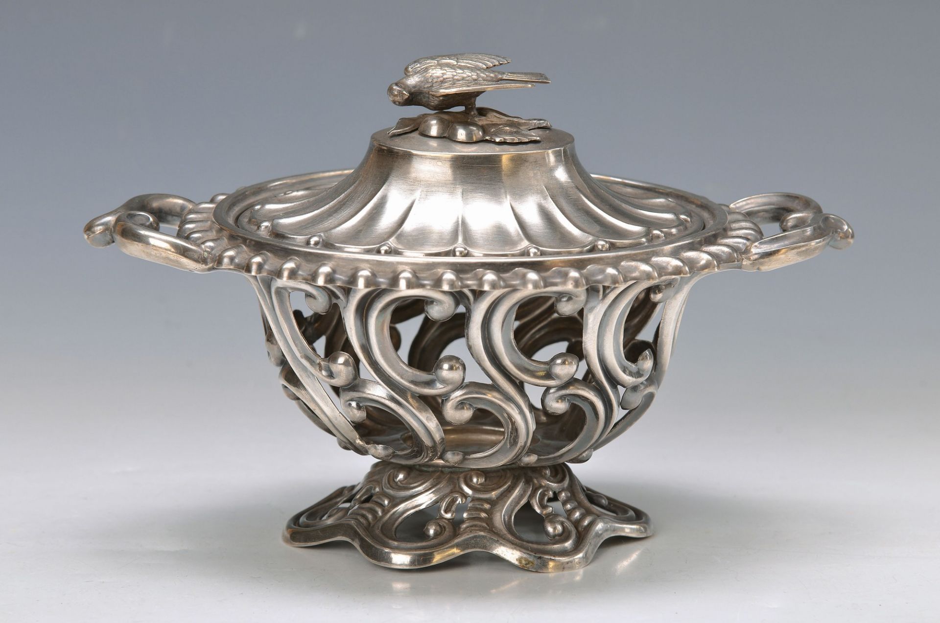 decorative vessel, France, around 1860, 900 silver, in breakthrough work, lid coronation in shape