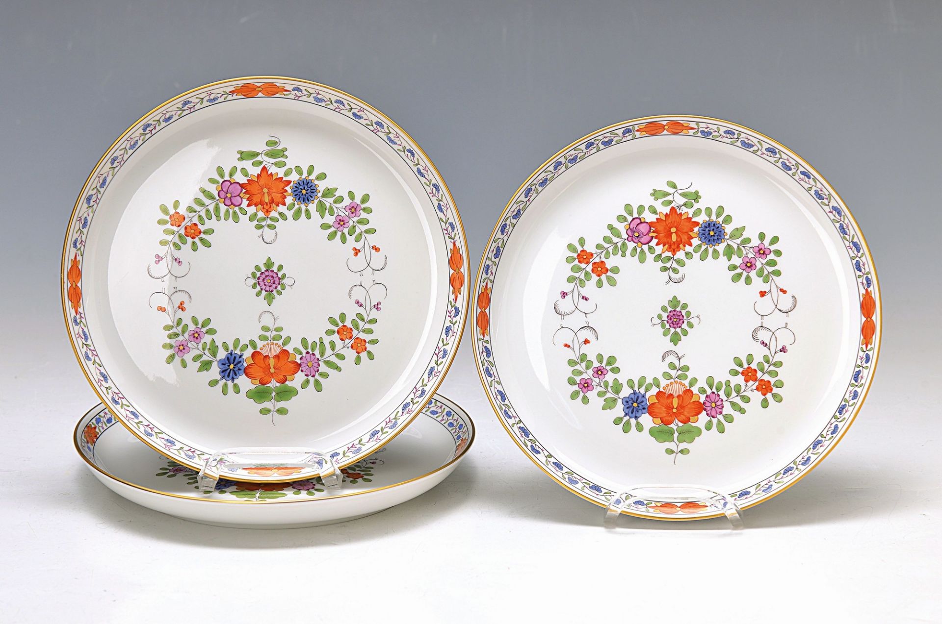 3 wall plates, Meissen, 2. H. 20. th c., porcelain, Indian painting in colorful, gold heightened,