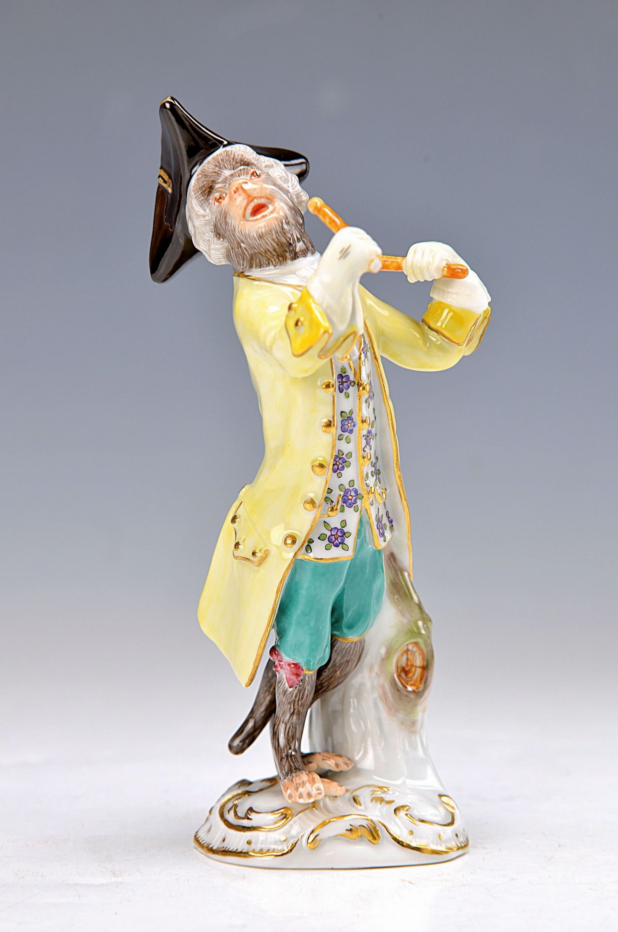 figurine, Meissen, 20th c., drummer of the monkey band after Kändler, painted in bright colors, gold