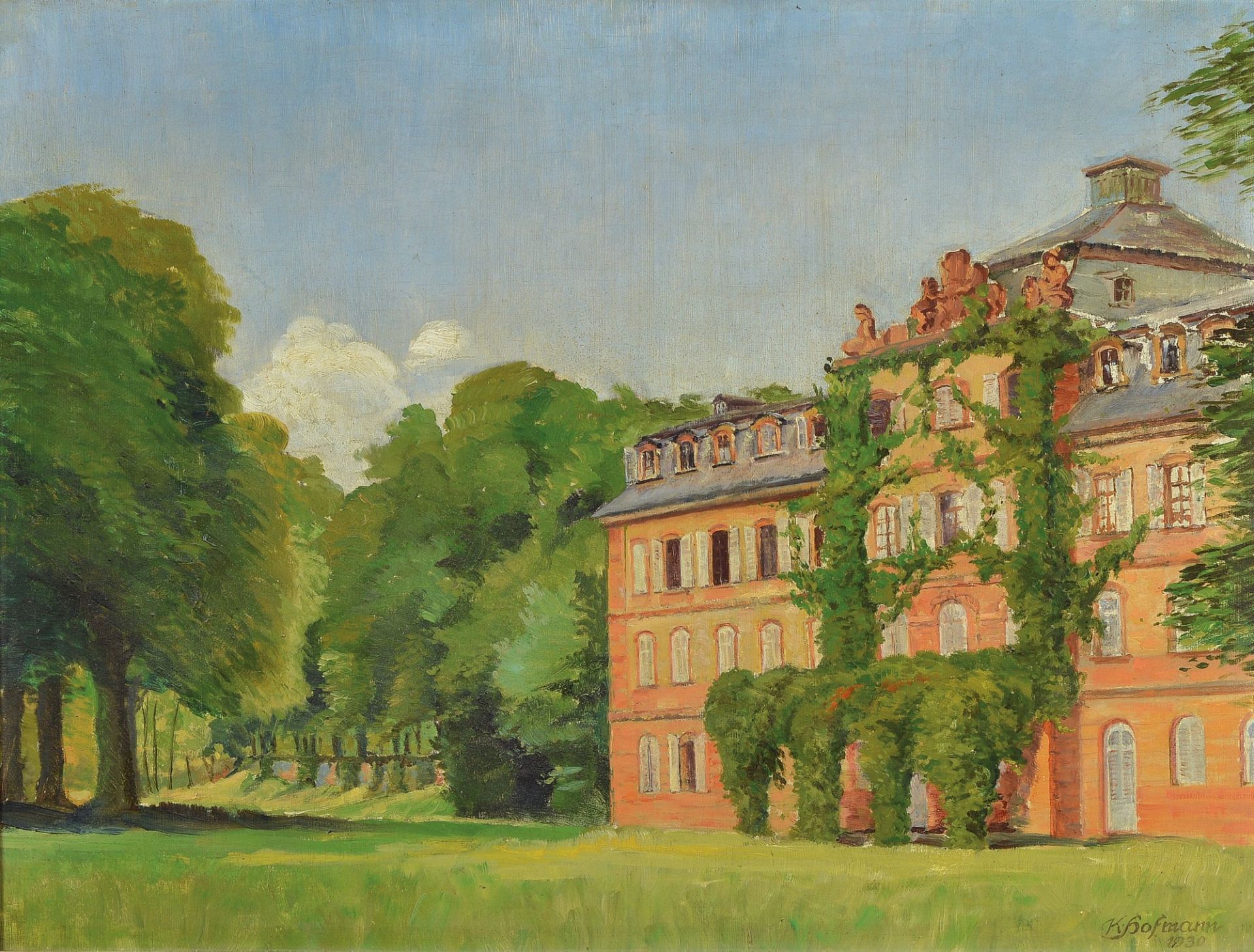 Karl Hofmann, dated 1930, view of a villa in a Park, oil / wood, signed lower right and dat.,