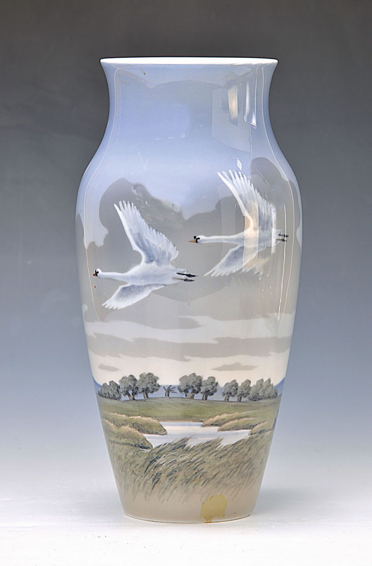 large vase, Royal Copenhagen, Denmark, 1968, porcelain, with polychrome landscape painting and