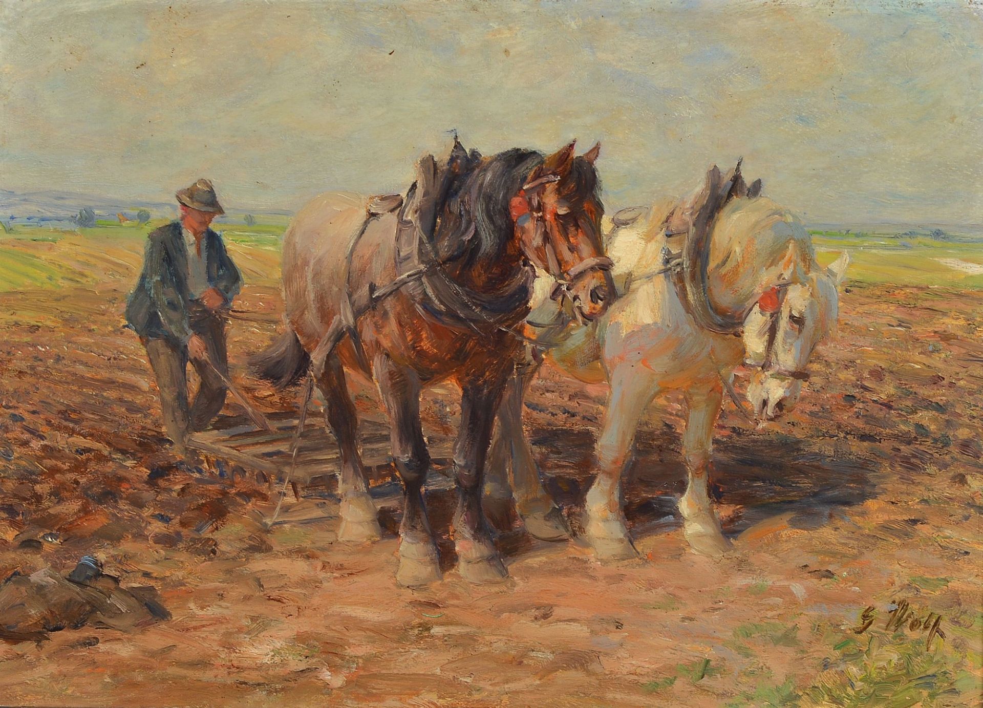 Georg Wolf, 1882 Niederhausbergern - 1962 Uelzen, plowing farmer with horses, oil/wood, signed lower