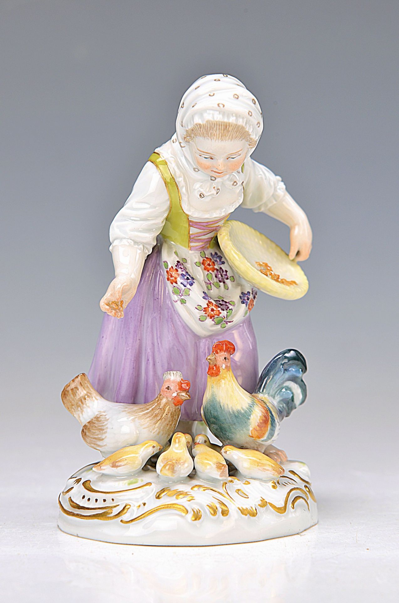 figurine, Meissen, 1924-1934, girl feeding chicken, painted in bright colors, pedestal with gold