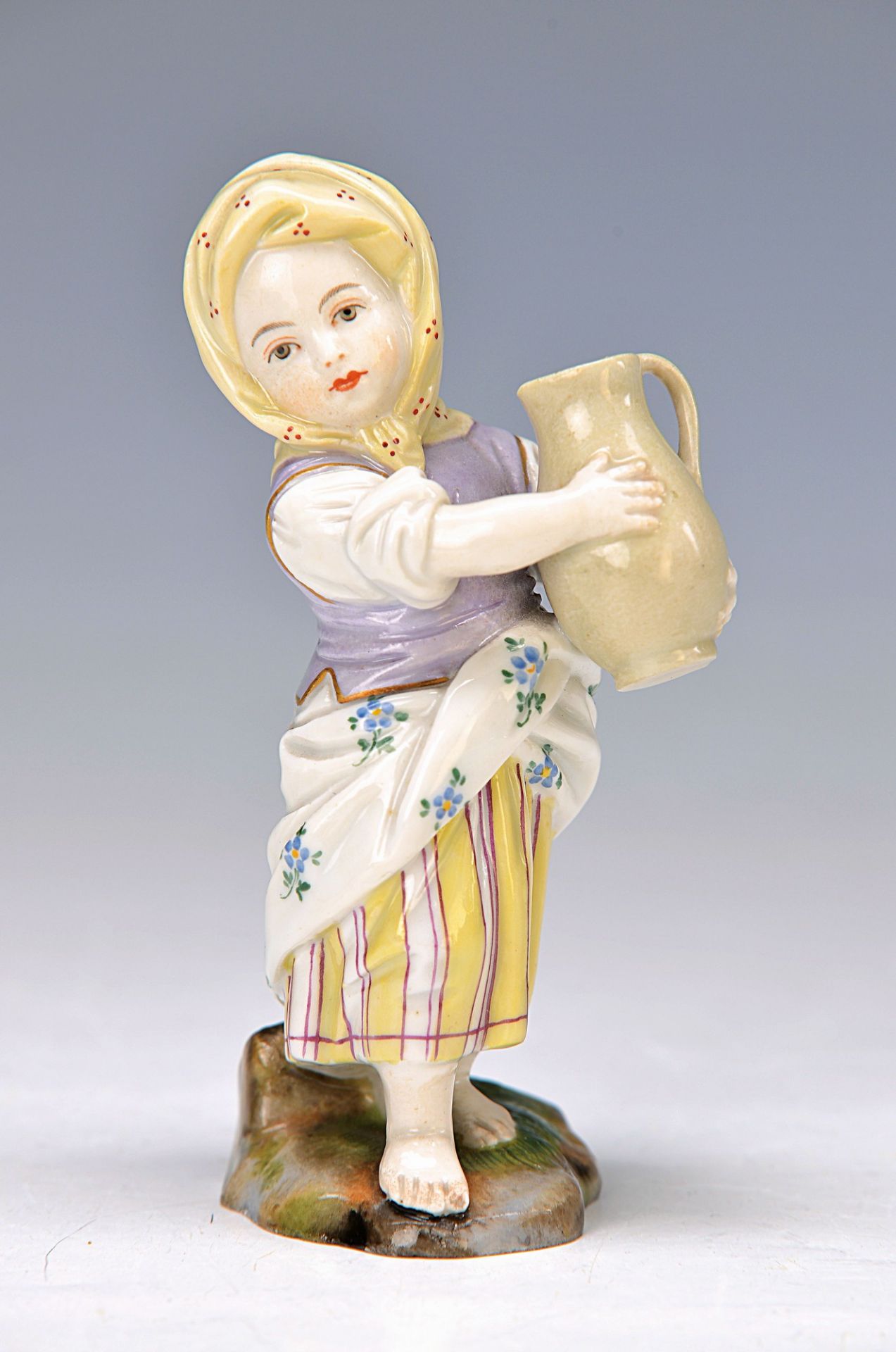 figurine, Höchst, 18. th c.., female peasant with jar, polychrome painted, H.approx.