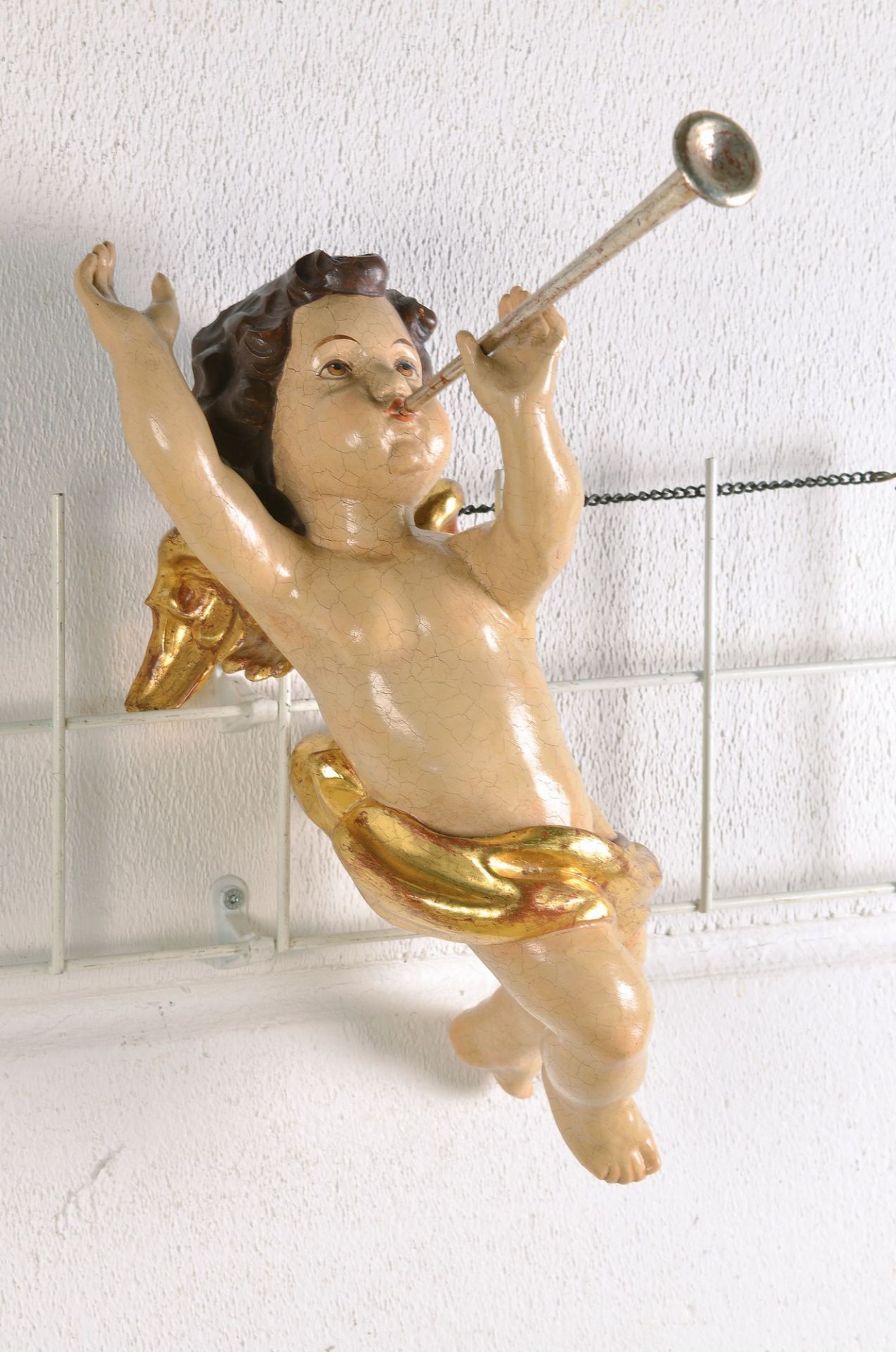 angels with trombone, 2. Half 20.th c., basswood carved, colorful painted, real gold plating, also