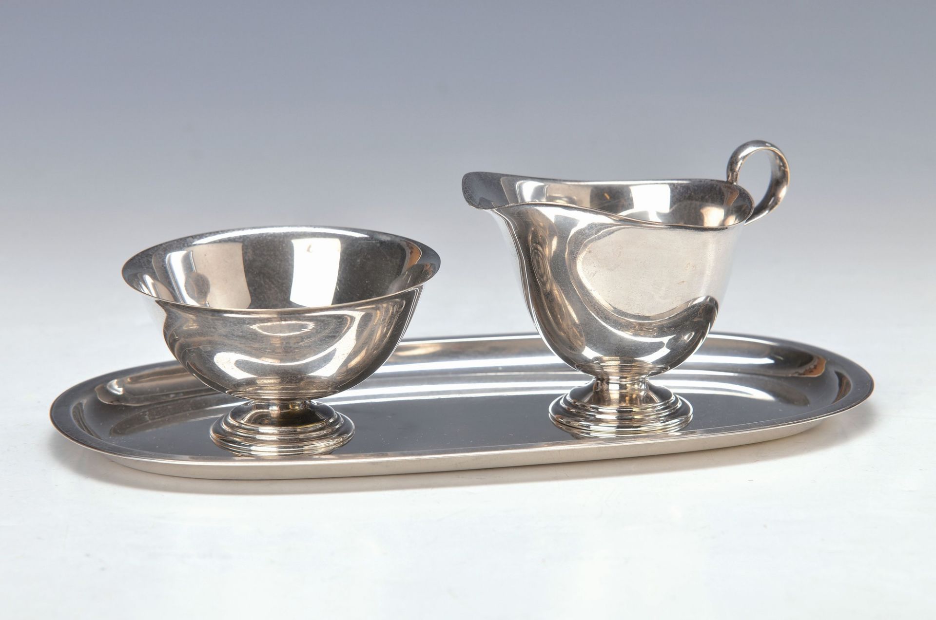 sugar- and creamer set, Wilkens, 1930s, 835 silver, oval tray, sugar bowl, creamer, stepped Art-