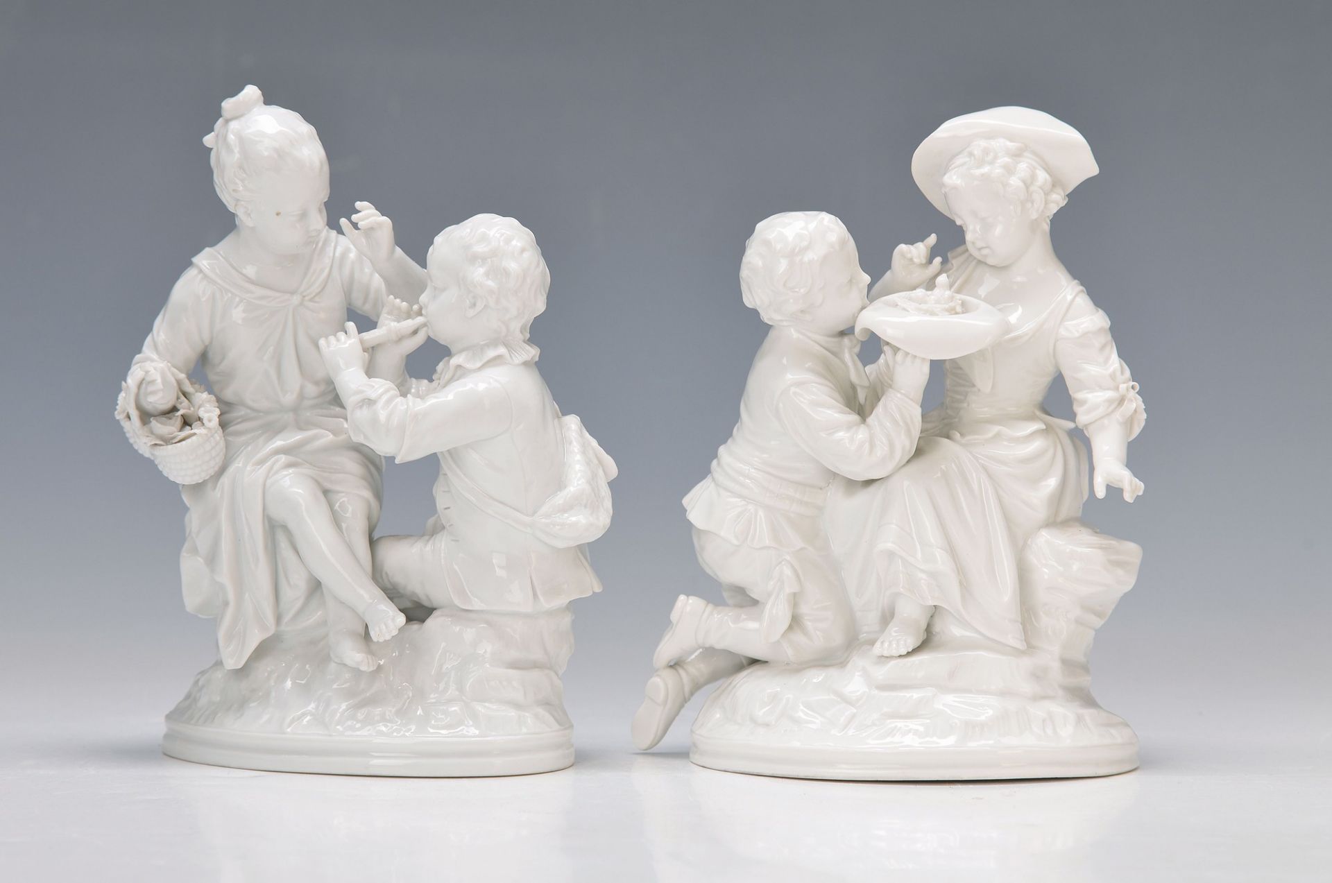 two porcelain groups, KPM Berlin, white, around 1920, gallant couples of children: girllistening