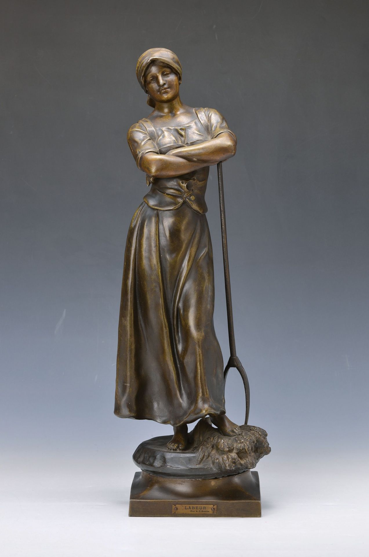 Sculpture, France, around 1900, marked: Labeur, tin-zinc cast, bronze coloured aeruginous, marked