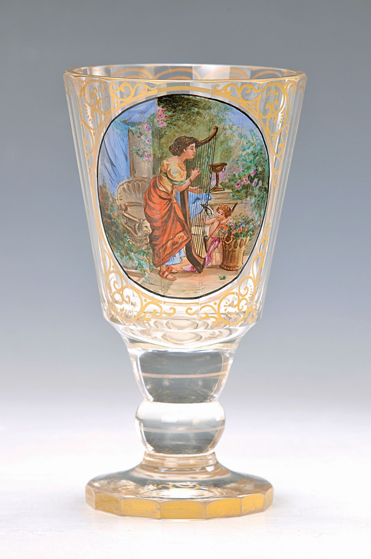 goblet with enamel painting, German, around 1840, large hand painting, girl with harp, gold