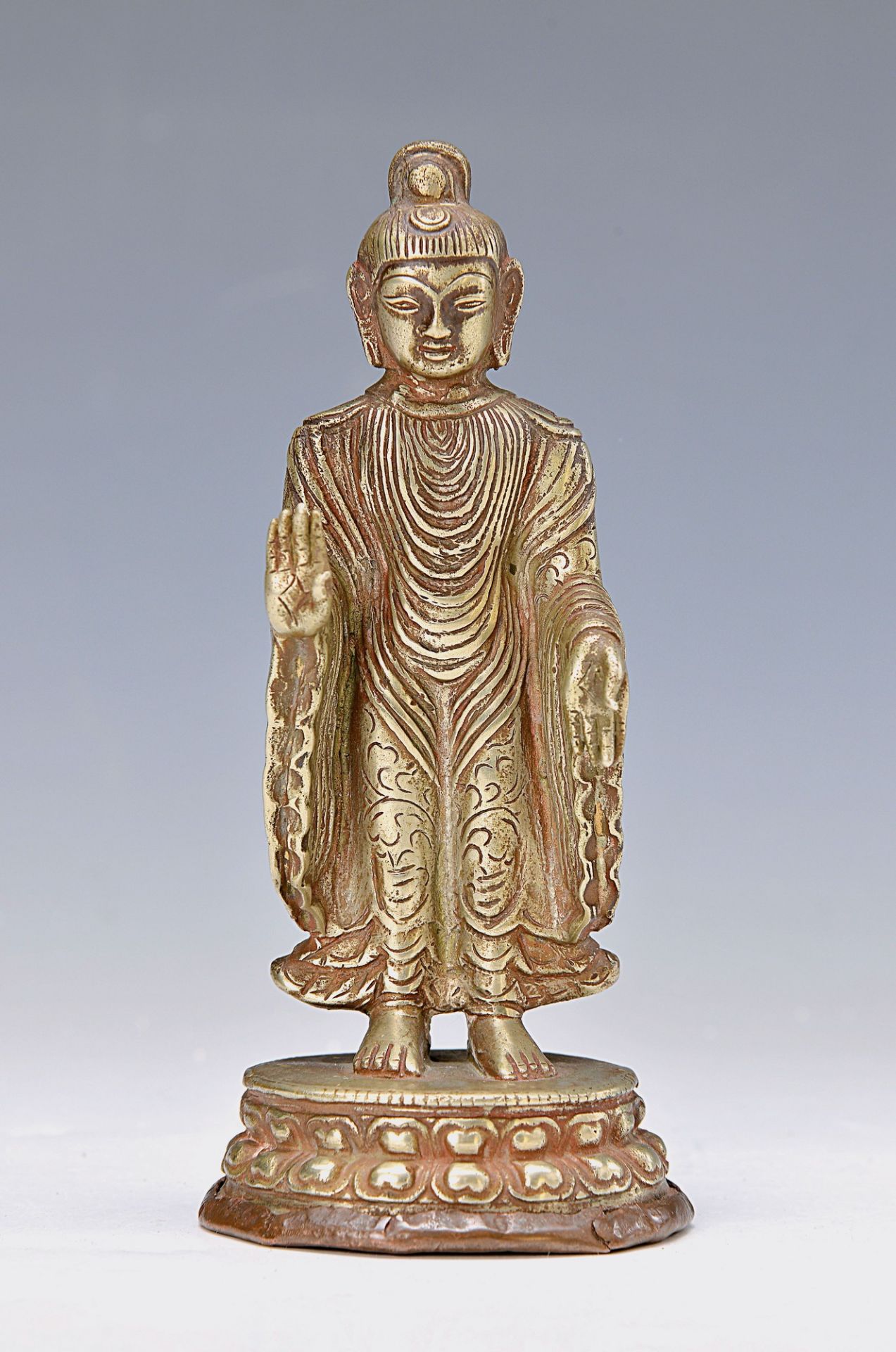Standing Buddha, China, around 1820, Bronze, double lotus pedestal, traces of age, H. approx. 16.3