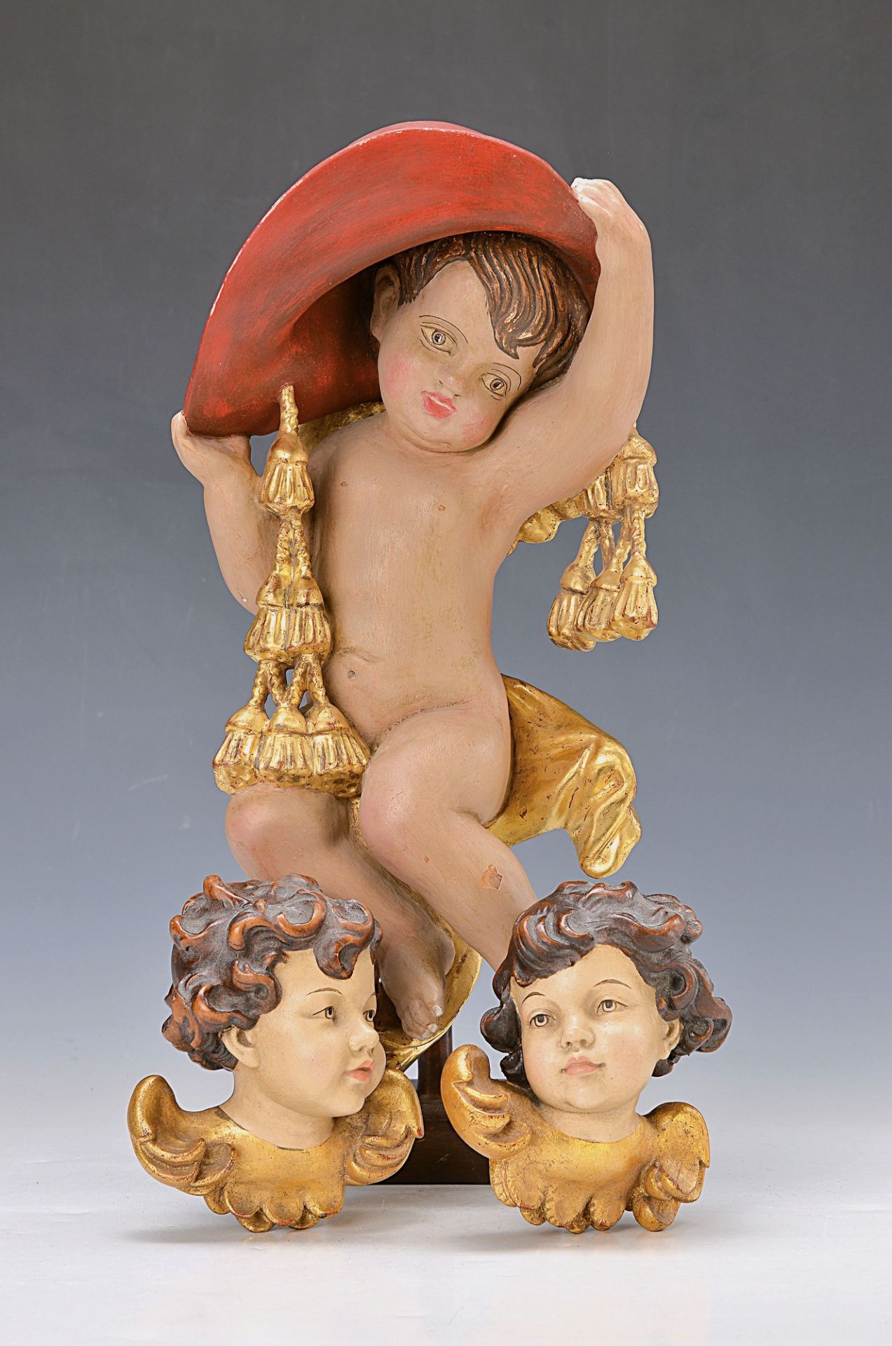 angel with cardinal's hat and two angel heads,Southern Germany, Middle of 20th c., basswood carved