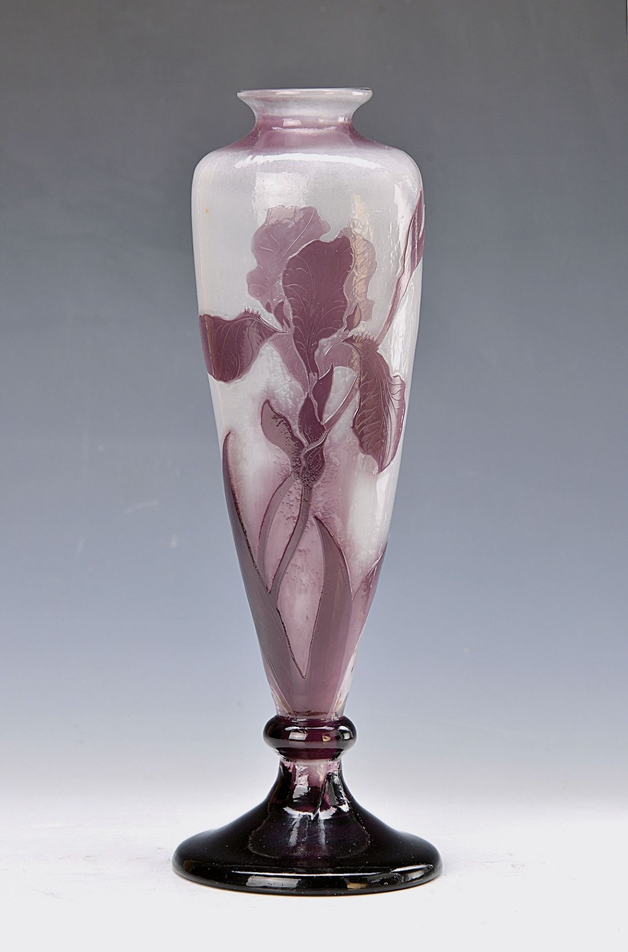 vase, France, Gallé, around 1900, glass, purple overlay, cut and polished, right side with iris