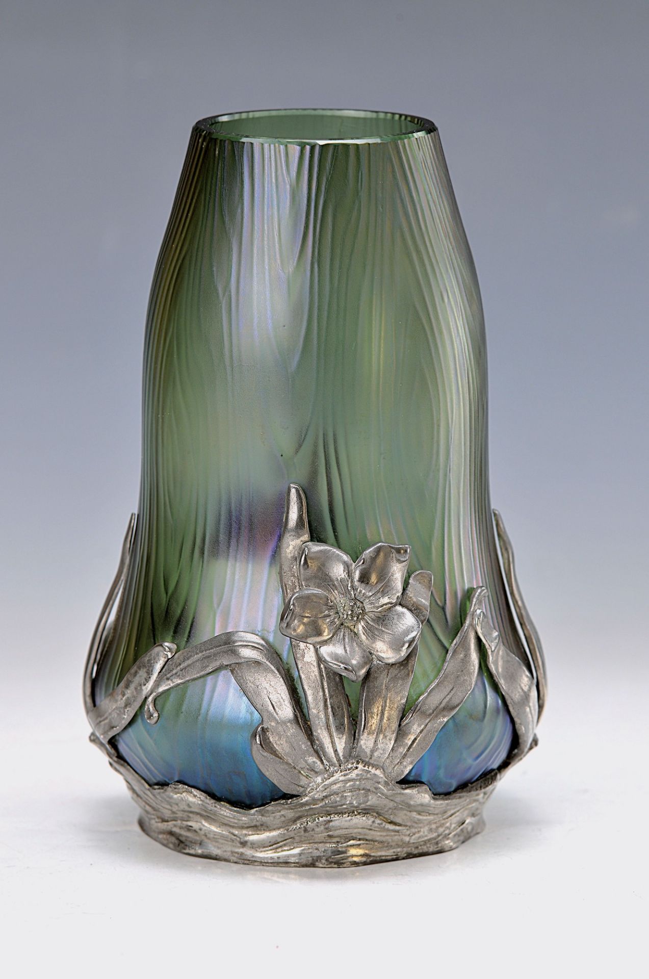 vase, Lötz, around 1900, colorless glass, green transition, with floral metal mount of F. van