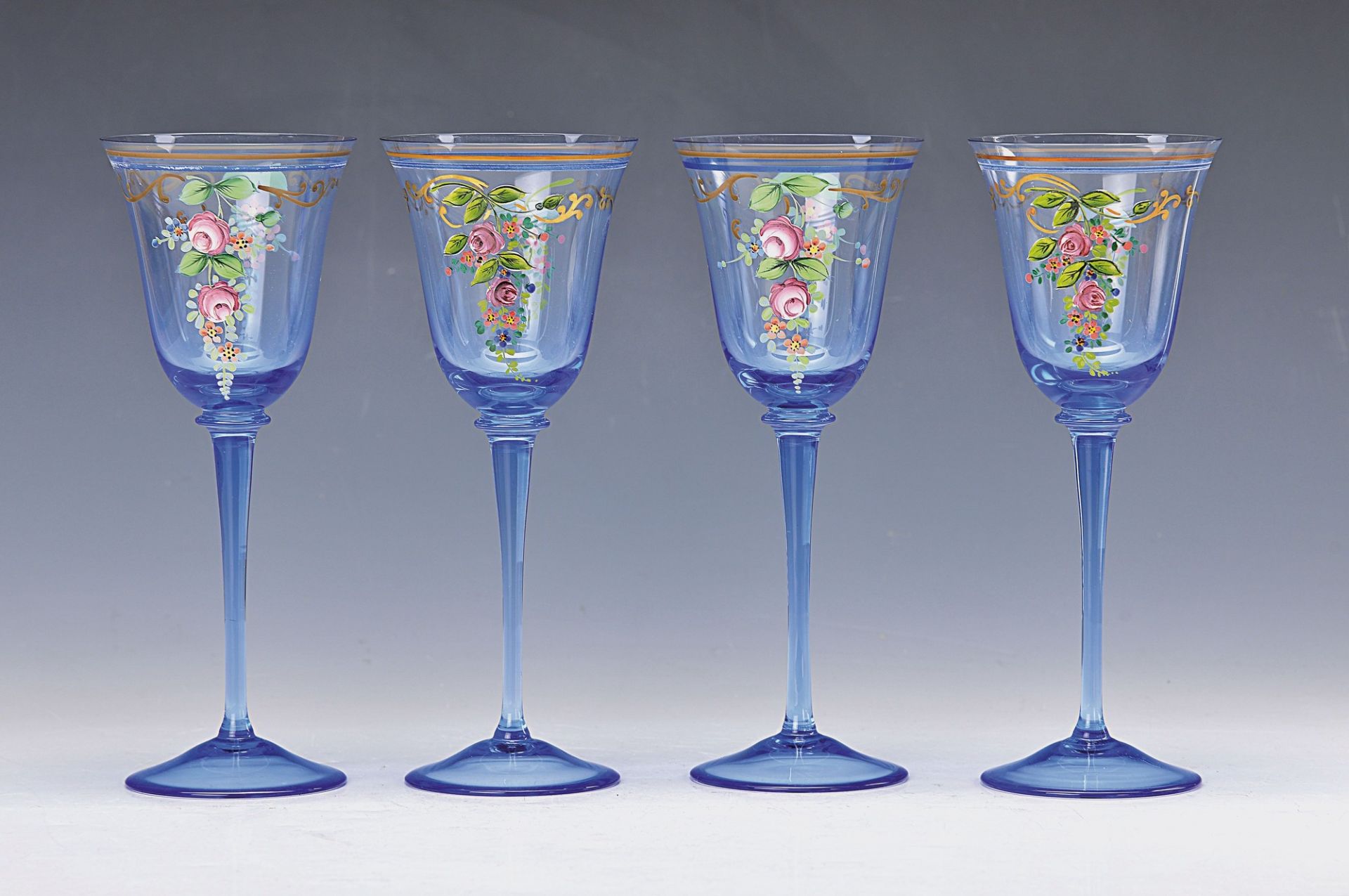 6 wine glasses, Bohemia, 20th c., mouth blown blue glass with colorful enamel painting of flowers,