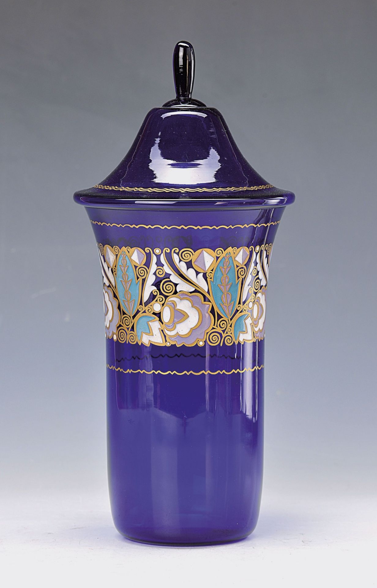 lidded vase, probably Fachschule Haida, around 1915, blue glass, with circumferential floralenamel