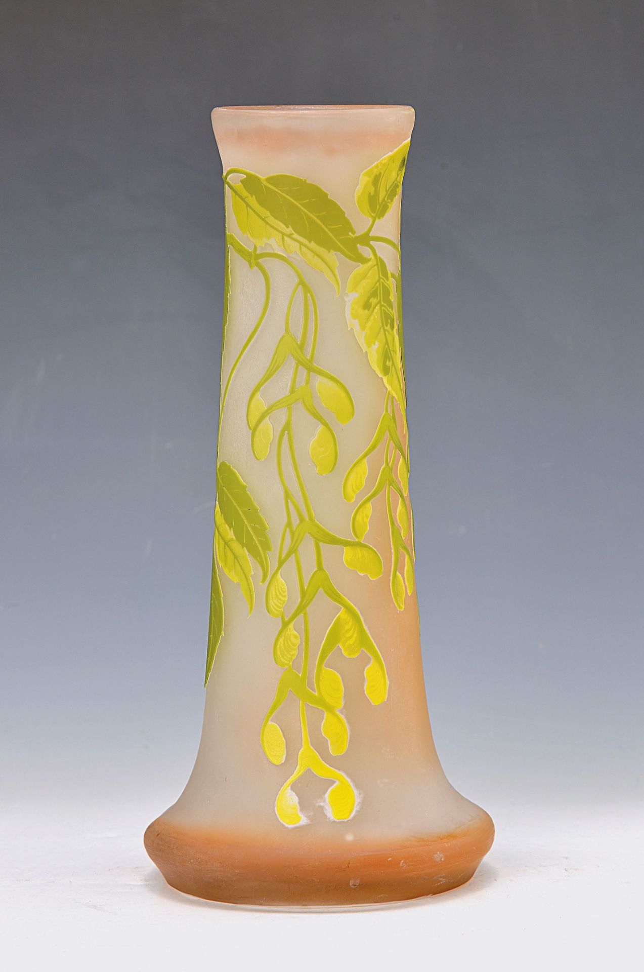 vase, France, Gallé, around 1910-20, rose powdered glass, green and yellow overlay, cut and