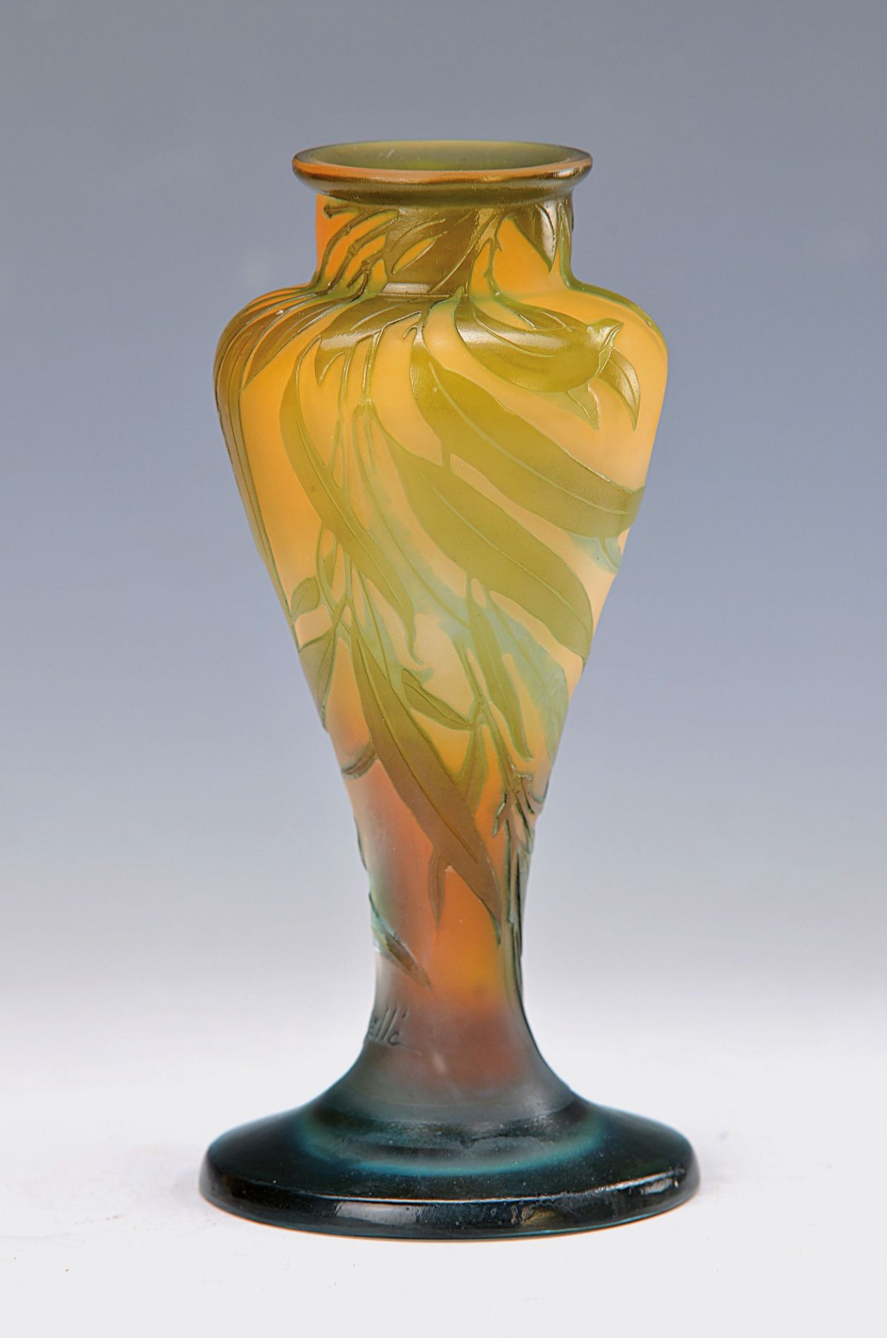 vase, France, Gallé, around 1900, orange powdered glass, green overlay, cut and polished, decor of