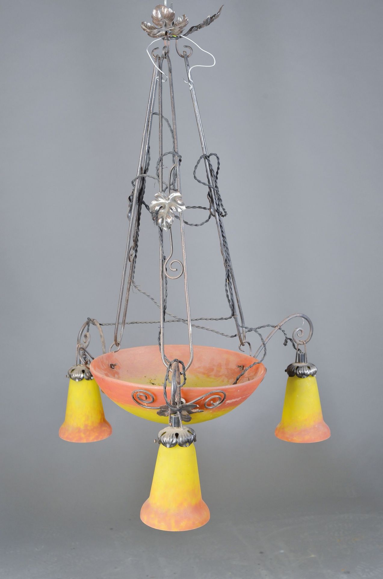 Ceiling lamp, Croismare, 1920/1930s, iron sheath with vine leaf décor, three bells and one middle