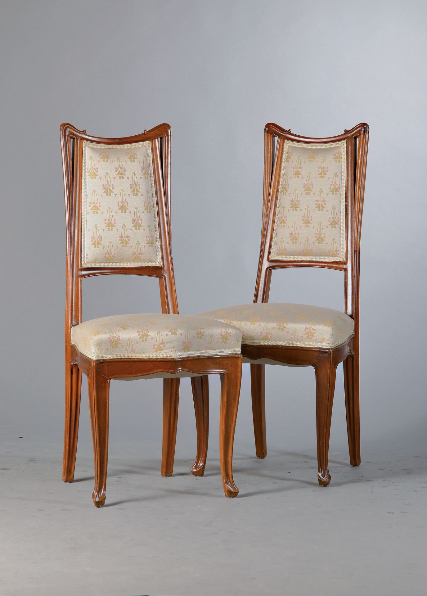 2 chairs, Majorelle, France, around 1900, mahogany, orig. relation, one repaired, H. approx.