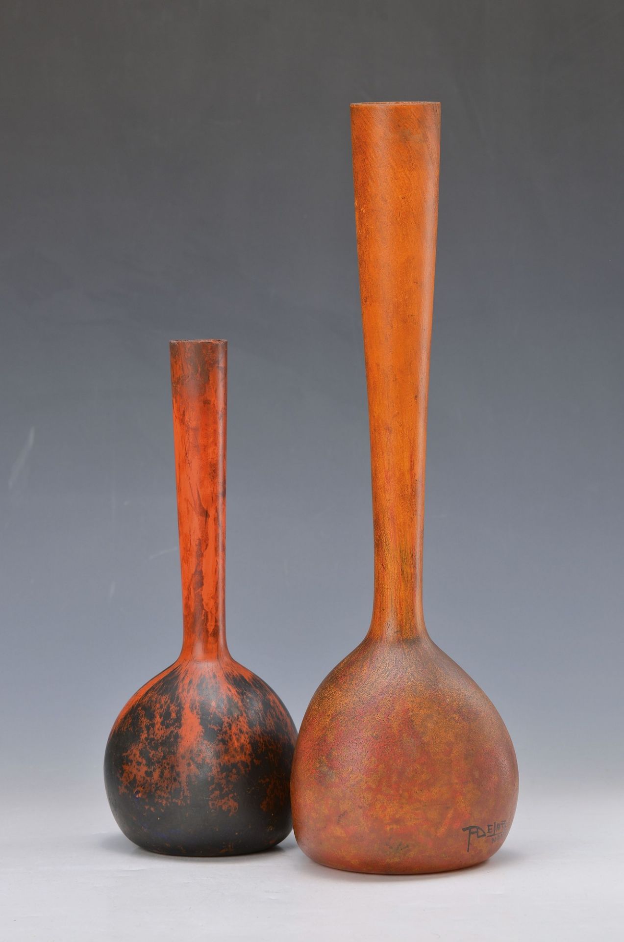 two vases, André Delatte, France, 1920s, multilayer glass with orange and blue inclusions, both